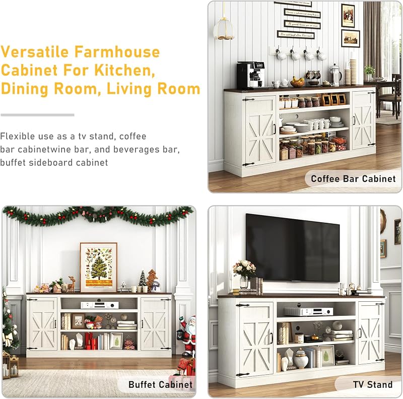 Hlivelood 75" Farmhouse TV Stand with Power Outlets for 85 Inch TVs, 33" Tall Entertainment Center with Storage Cabinets w/Adjustable Shelves, Rustic Large TV Media Console, Rustic White image 6