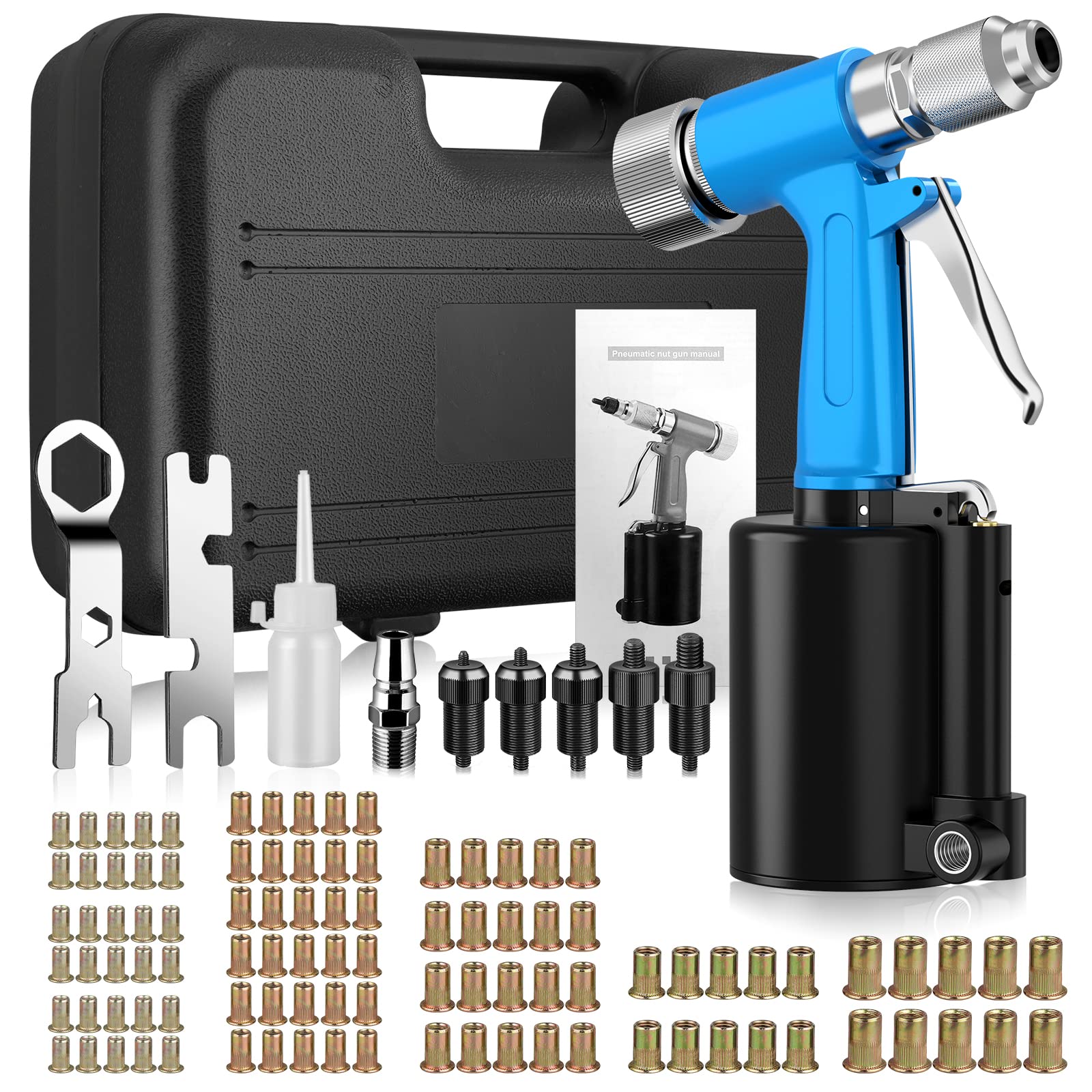 AUTOUTLET Kit Rivettatrice ad Aria con M4 M5 M6 M8 M10 Mandrini e 100 Pezzi Dadi per Rivetti,Rivettatrice Professionale ad Aria Compressa per Lamiere di Alluminio, Ferro, Acciaio Inox