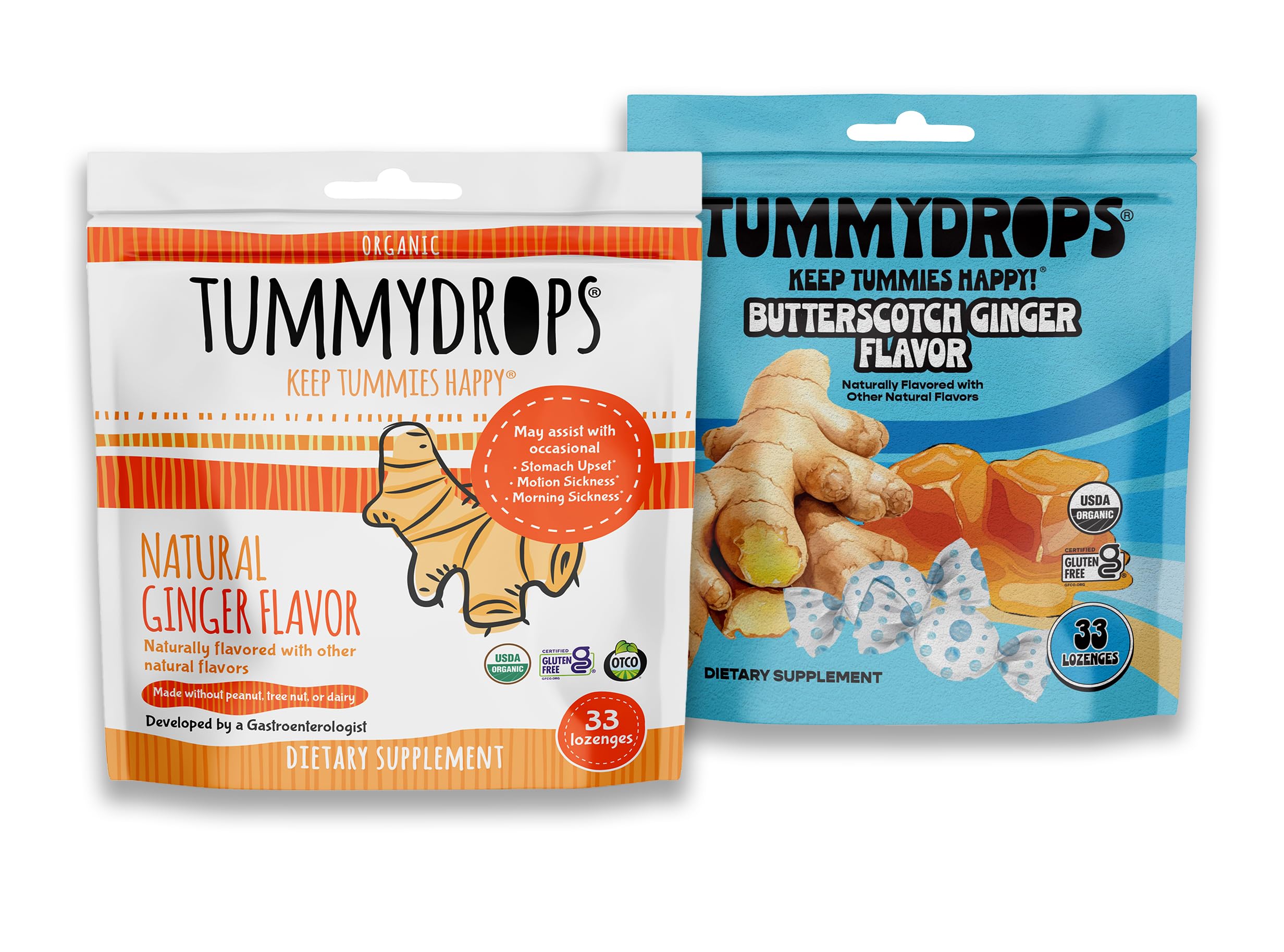 Tummydrops Organic Ginger Bundle, 1 Bag Each of Natural Ginger & Vegan Butterscotch Ginger, Gluten Free, USDA Organic, Vegan