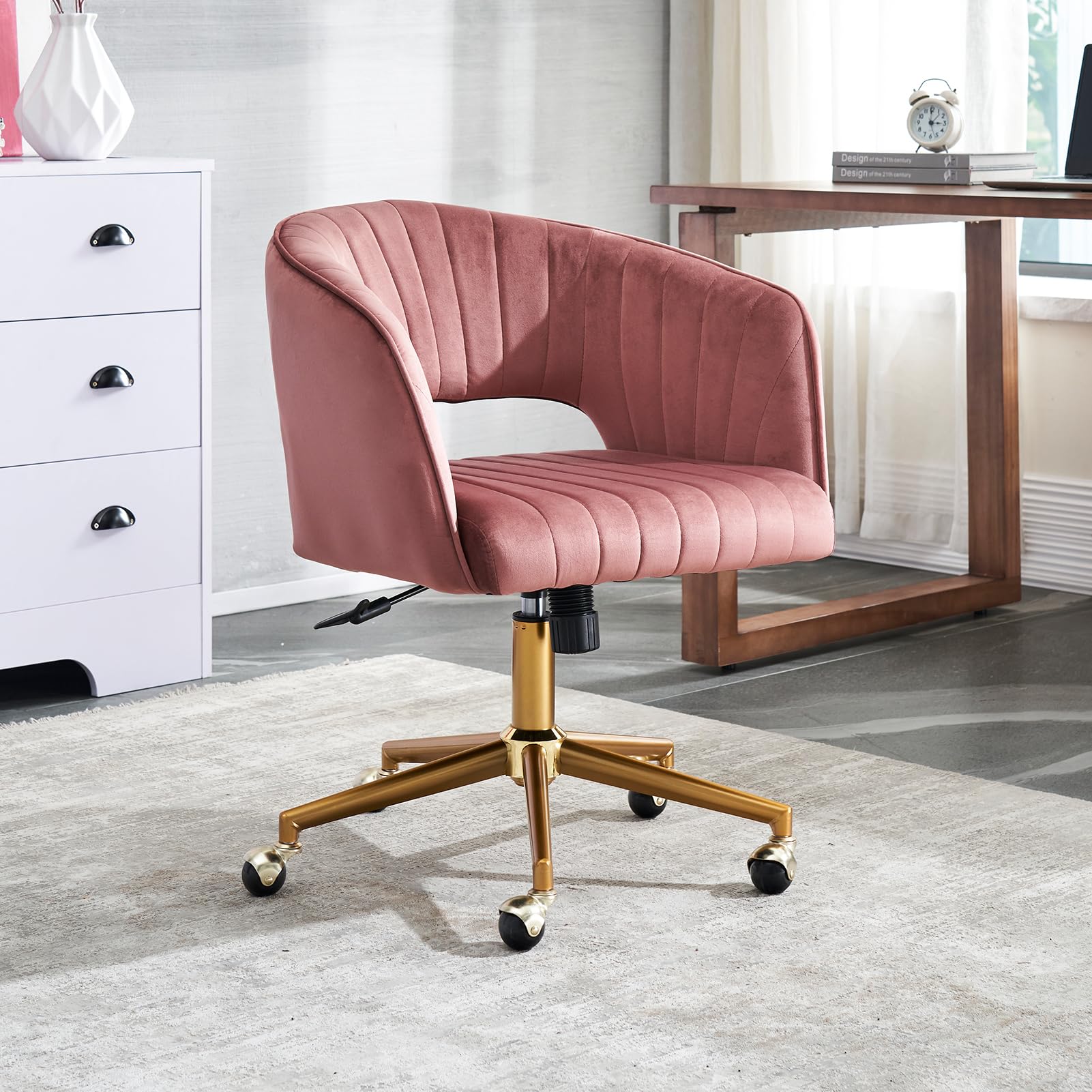 Home Office Chair,Velvet Desk Chair,Ergonomic Adjustable 360 Swivel Vanity Chair for Home, Bedroom, Vanity Study(Rose Red)