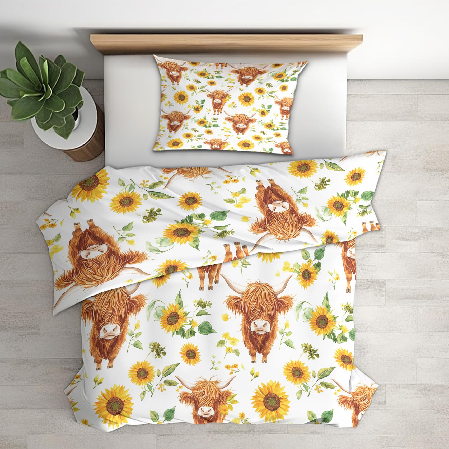 Housse de couette 140x200 bovins des Highlands et parure de lit tournesol réversible en microfibre