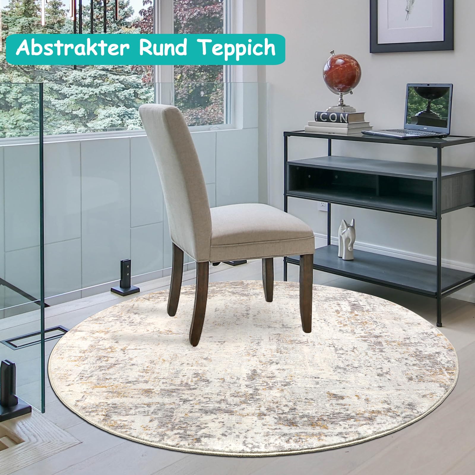 Capslpad - Tappeto astratto rotondo 135 cm, moderno, antiscivolo, tappeti per soggiorno, tappeto rotondo a pelo alto, lavabile, a pelo corto, morbido, beige, per soggiorno, camera da letto, studio