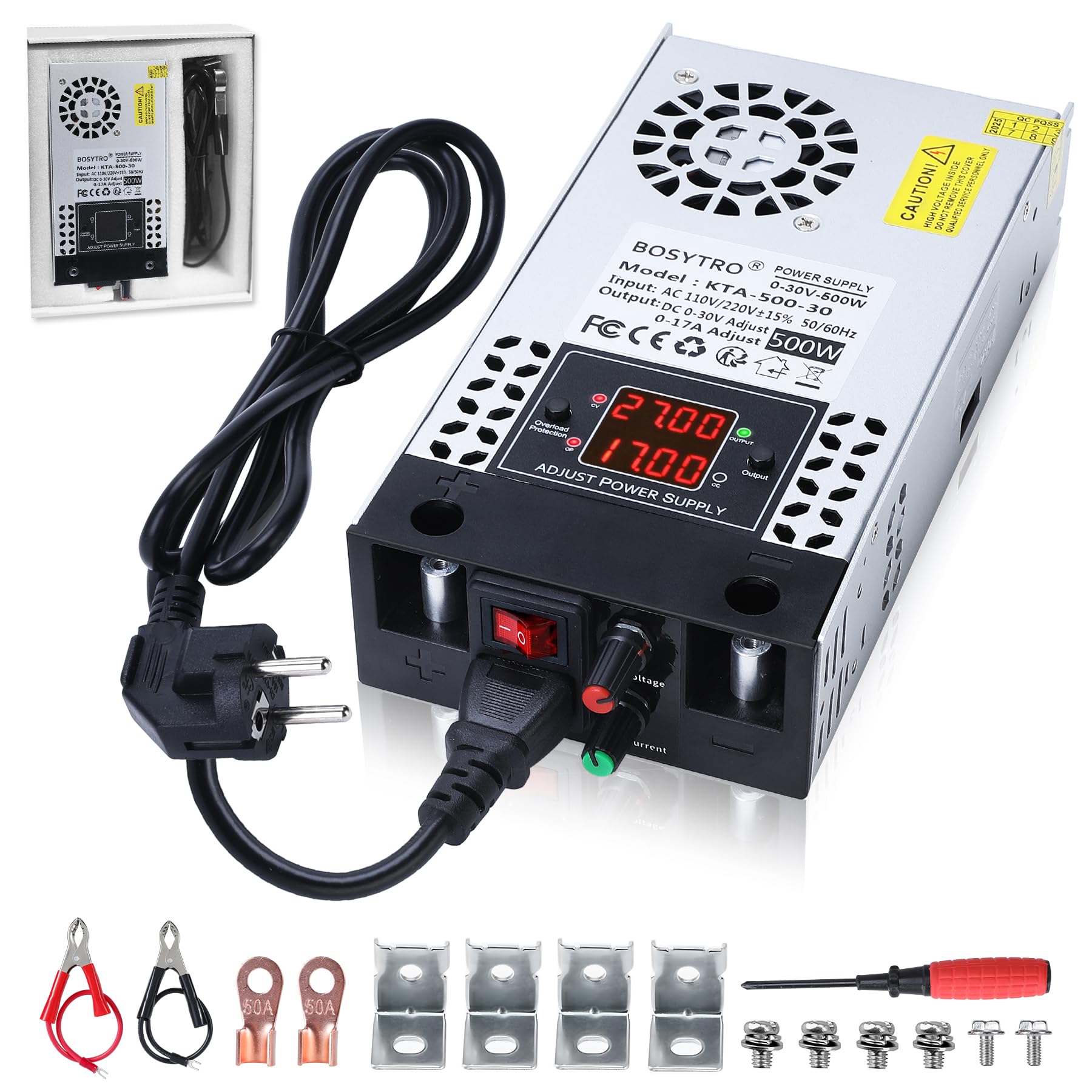 BOSYTRO Upgraded Einstellbar Netzteil 0-30V 0-17A 500W Schaltnetzteil Trafo 230v auf 12V 24v 30V Transformator Power Supply für LED Streifen, CCTV, 3D Drucker, Radio, Kamera, Labornetzteil