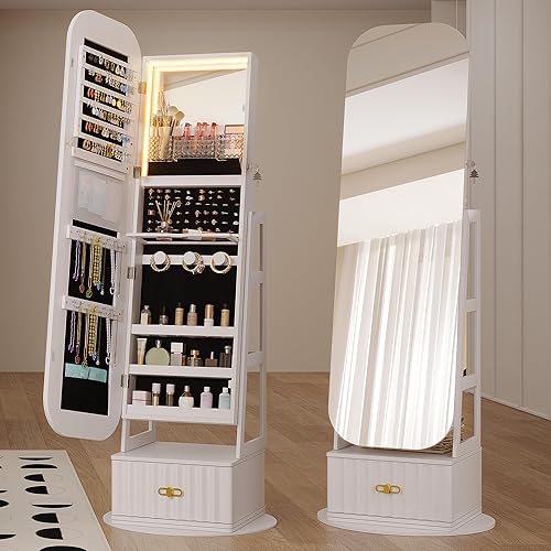 HWB Armario de joyería giratorio de 360 de longitud completa con espejo, armario de joyería con espejo, organizador de joyas con espejo, estantes de