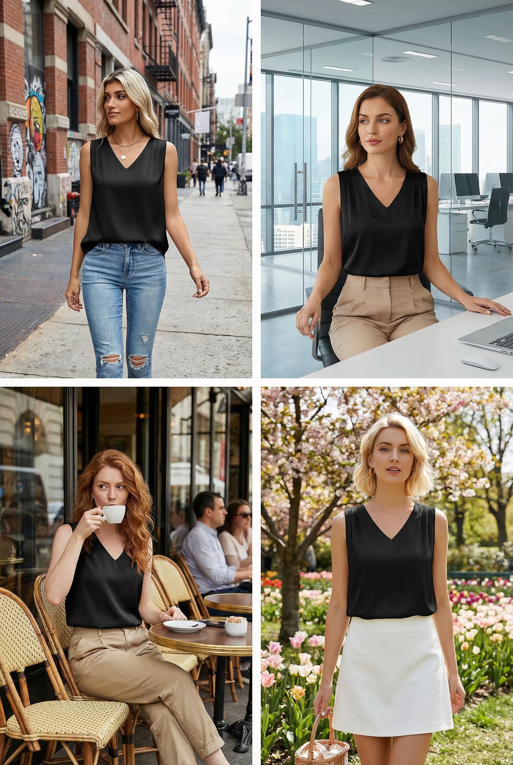 Zeagoo Satynowy Top Damski Elegancki Seidentop Dekolt w serek Blusentops Bez rękawów Tank Top Letnia Satynowa Koszula Falten Satinbluse S-XXL | Plisowana satynowa bluzka letnia satynowa koszulka biznesowa podstawowy jednolity kolor kwiatowy rozmiar S-XXL