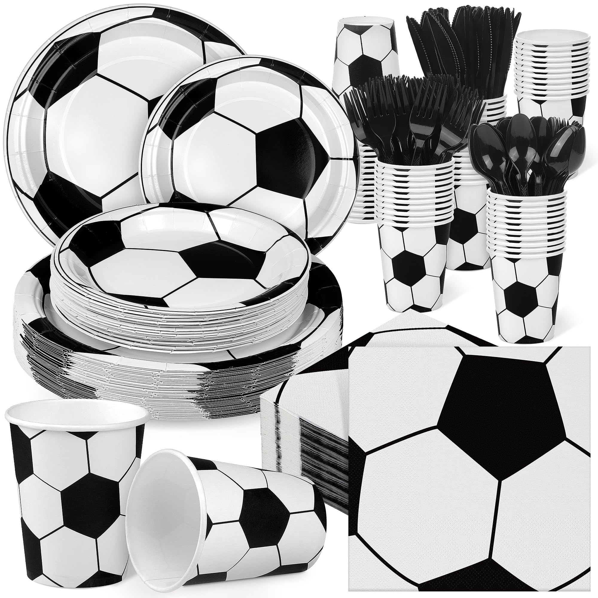 400 Pieces Soccer Disposable Party Tableware Sets Including Plates Cups Napkins Cutlery Serves 50 for Soccer Games Sports Birthday Party Decorations