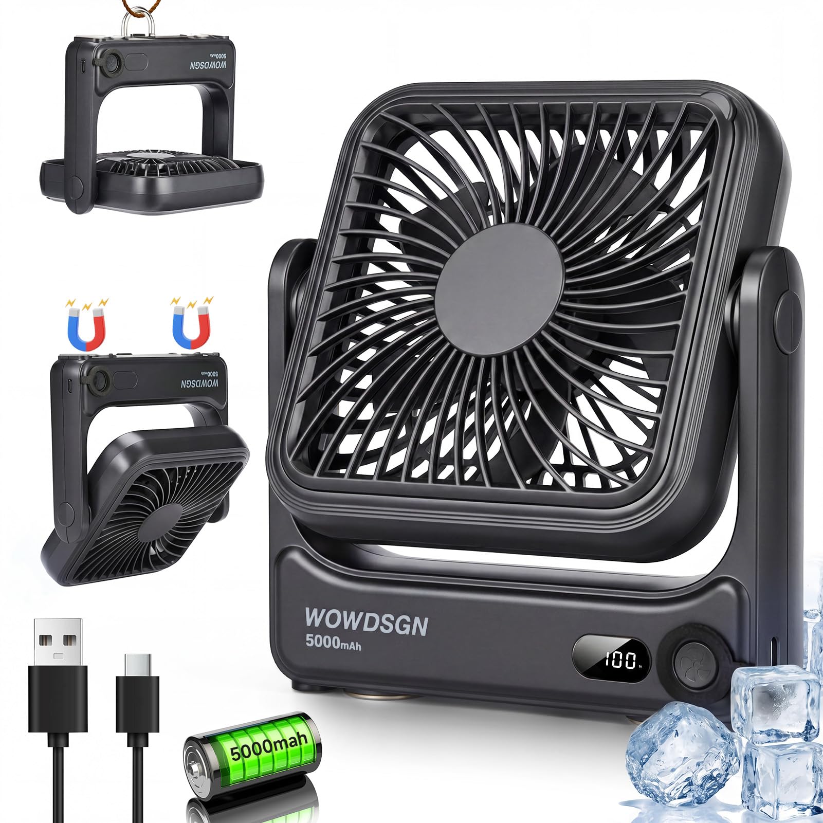 WOWDSGN Tischventilator USB 𝐦𝐢𝐭 𝐒𝐭𝐚𝐫𝐤𝐞𝐦 𝐌𝐚𝐠𝐧𝐞𝐭𝐟𝐮ß & LED-Display, 𝟓𝟎𝟎𝟎𝐦𝐀𝐡 𝐀𝐤𝐤𝐮 Ventilator tragbar, 𝟒-𝐒𝐭𝐮𝐟𝐞𝐧, für Camping, Wohnmobil, Reisen, Schlafzimmer, Büro