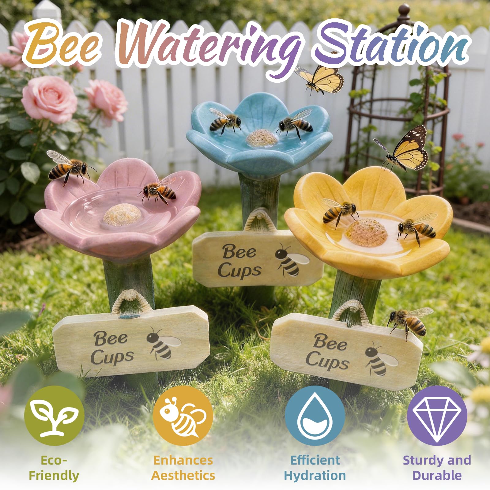 3Pcs Cups for Bees, 2026 New Flower Shaped Bee Watering Station for Thirsty Pollinator Garden, Outdoor Butterfly Drinking Feeder, Eco-Friendly Water Bowl for Yard, Lawn, Patio Decor (3Pcs(Mix Color)) — view 2