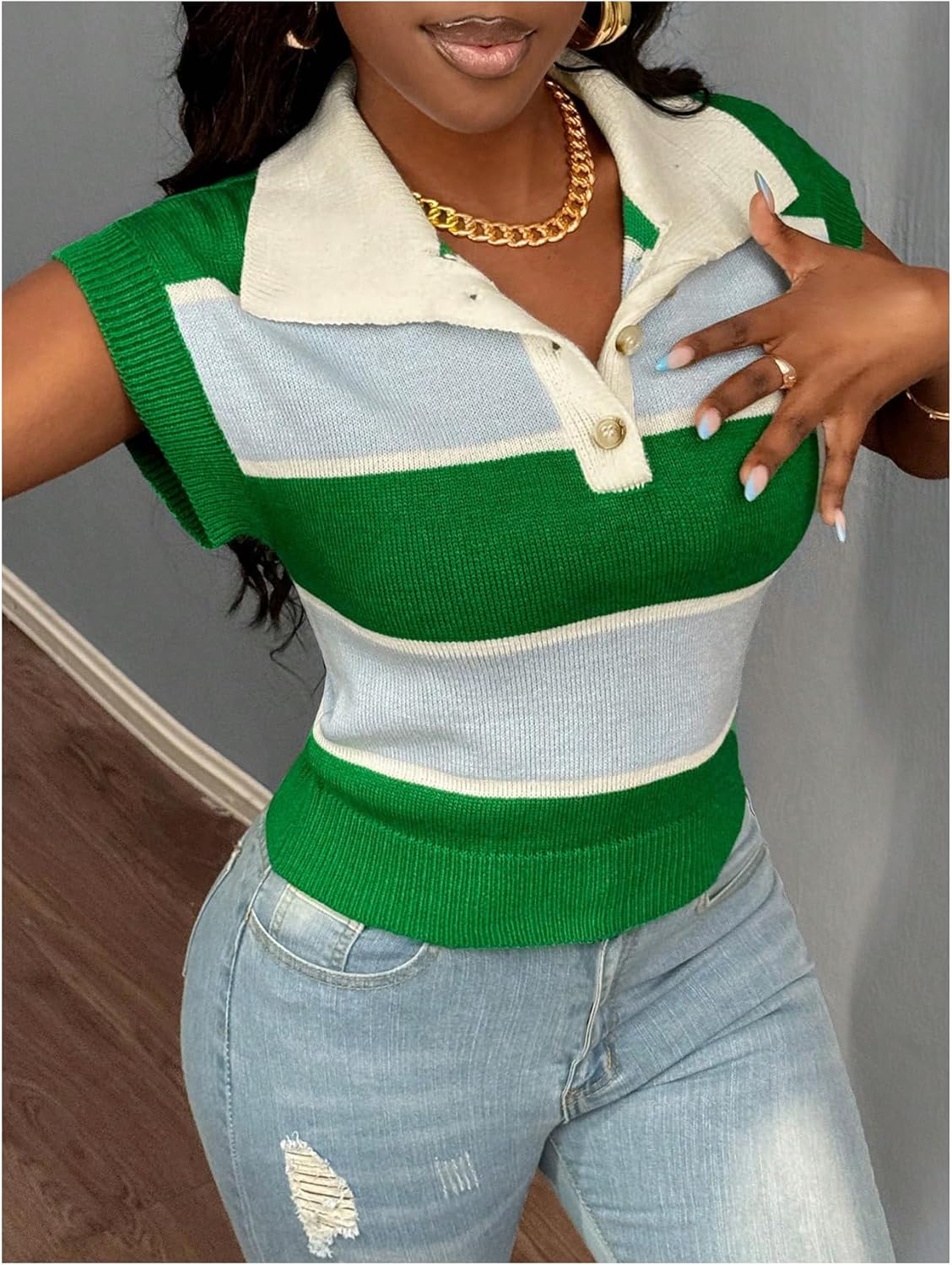 WDIRARA Women's Striped Sweater Vest Button Front Cap Sleeve Pullover Knit Tops - Image 5