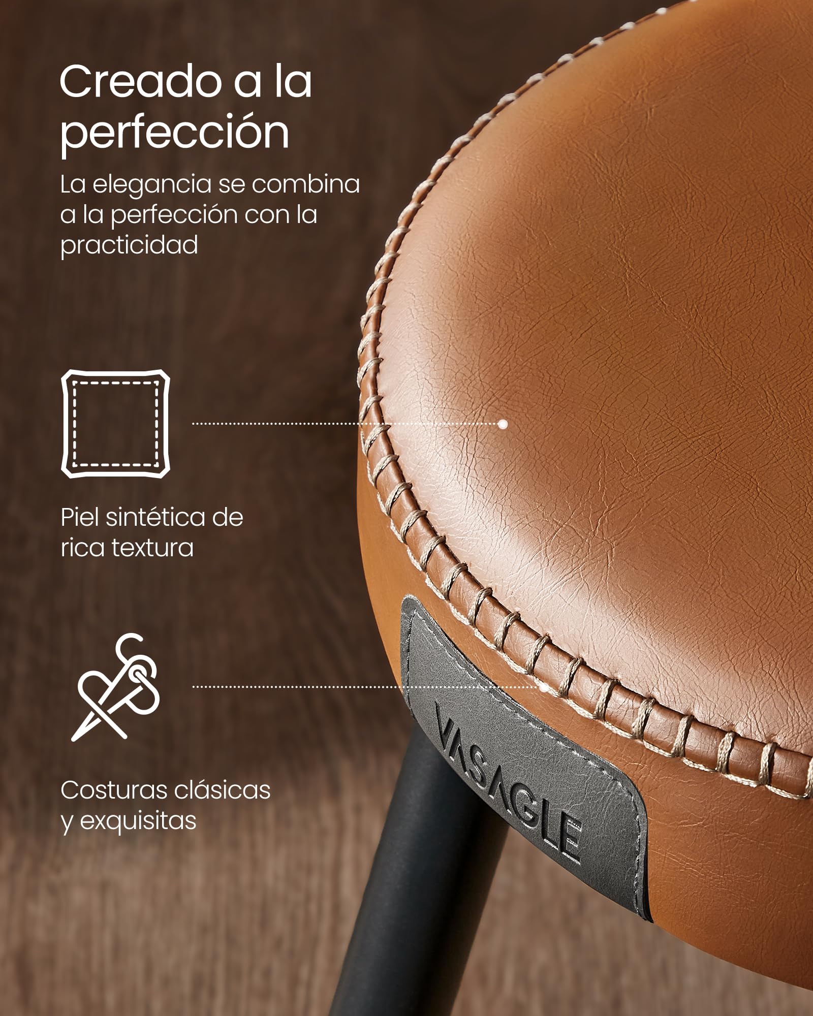 VASAGLE EKHO Colección - Juego de 4 Taburetes de Bar, Taburete Cocina, Taburete Desayuno, Cuero Sintético con Costuras, Moderno Siglo Medio, 76,2 cm Alto, Silla Comedor, Fácil Montaje, Marrón Caramelo