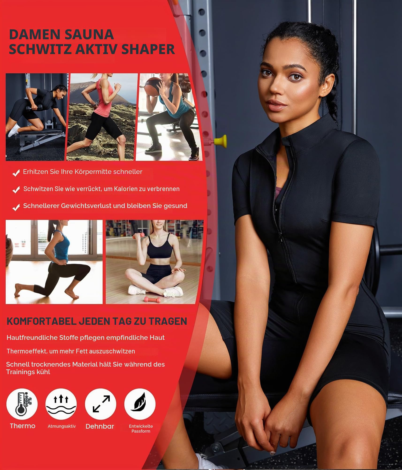 KUMAYES Damen Saunaanzüge Neopren Ganzkörper Jumpsuit Taillentrainer Bauchweg Schwitzeffekt Thermo Sweat Schweiß Sauna Schwitzanzug