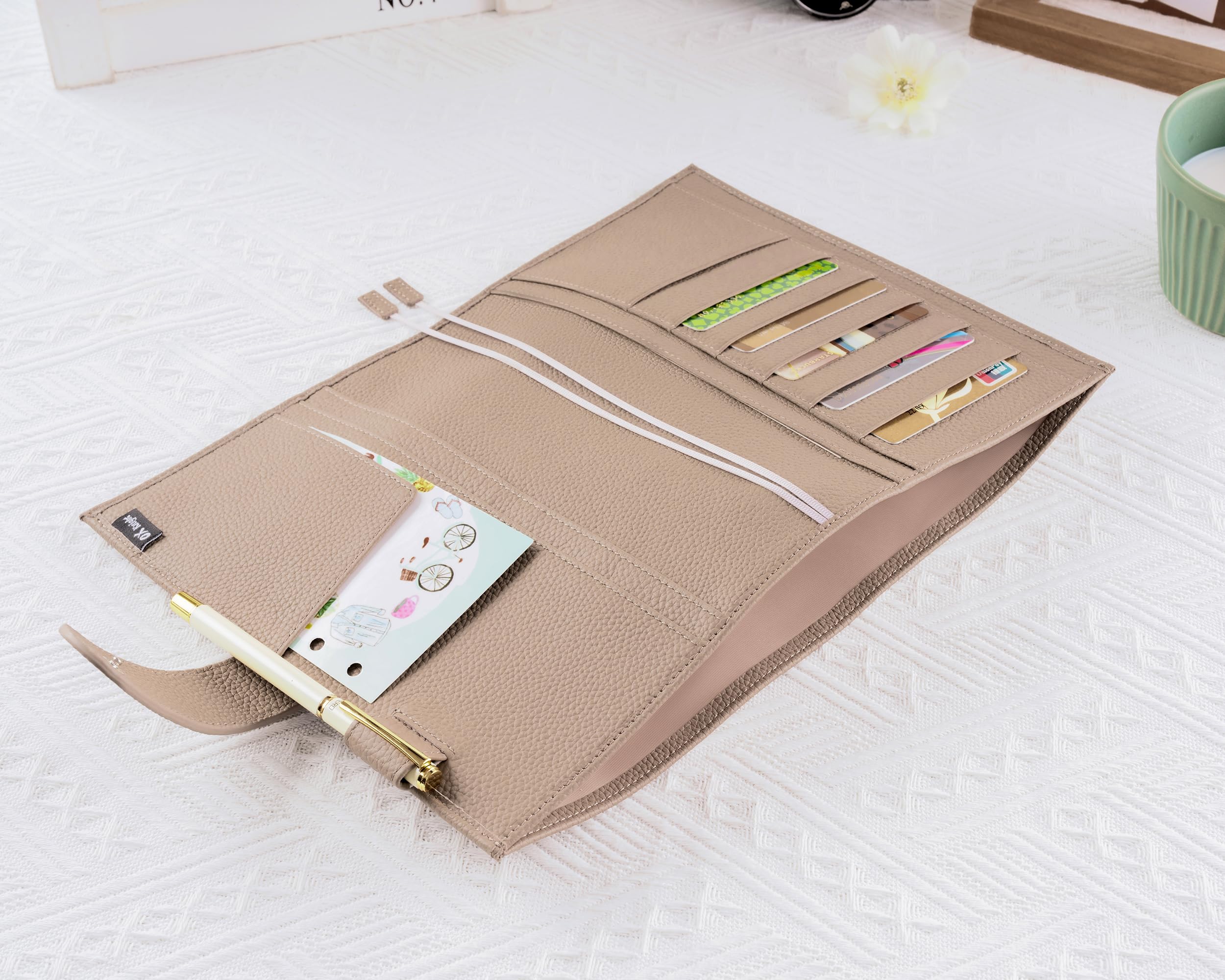 Ox Knight - Funda de cuero A5 para planificador, compatible con Hobonichi Cousin, Stalogy, Midori o Leuchtturm1917, portabolígrafo, ranuras para tarjetas, bolsillo trasero y marcadores (gris pardo)