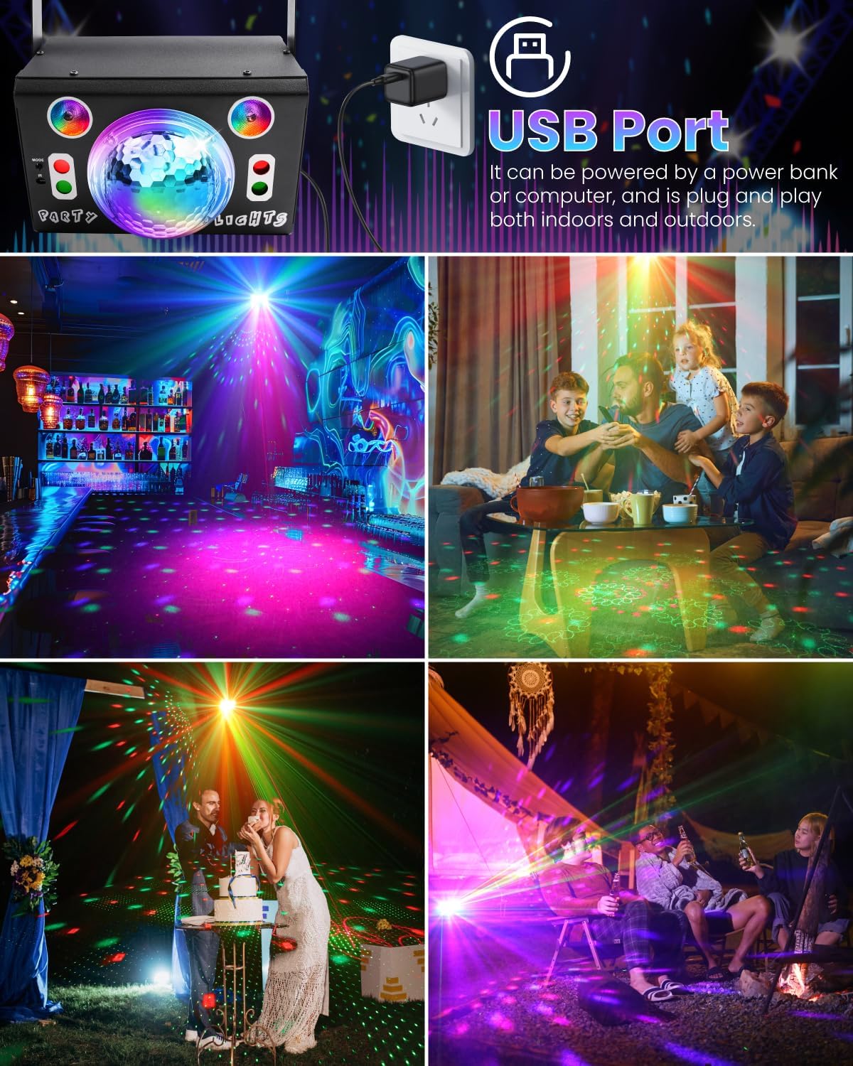 Klarlight Luce Sfera Disco con 4 Lenti RGB per Palco, Luci per Feste DJ 120-in-1 con Telecomando, Stroboscopica Attivata dal Suono per Feste in Casa, Compleanni, KTV, Bar, Matrimoni, Halloween Natale