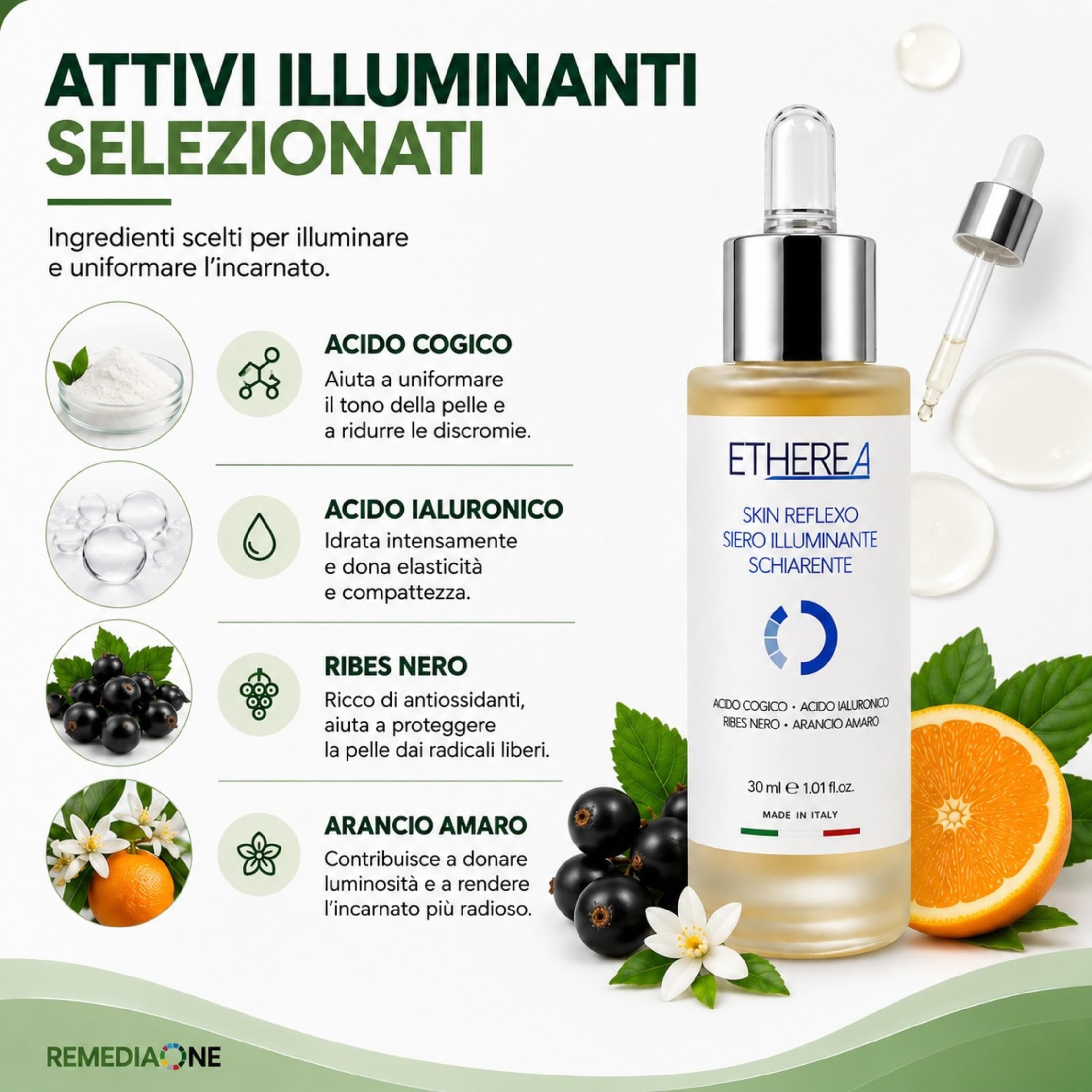 REMEDIA ONE Etherea Siero Viso Illuminante Schiarente Antimacchia, 30 ml | Illuminante Viso Antimacchia con Acido Cogico, Acido Ialuronico ed Estratti di Ribes Nero e Arancio Amaro, Nichel Tested
