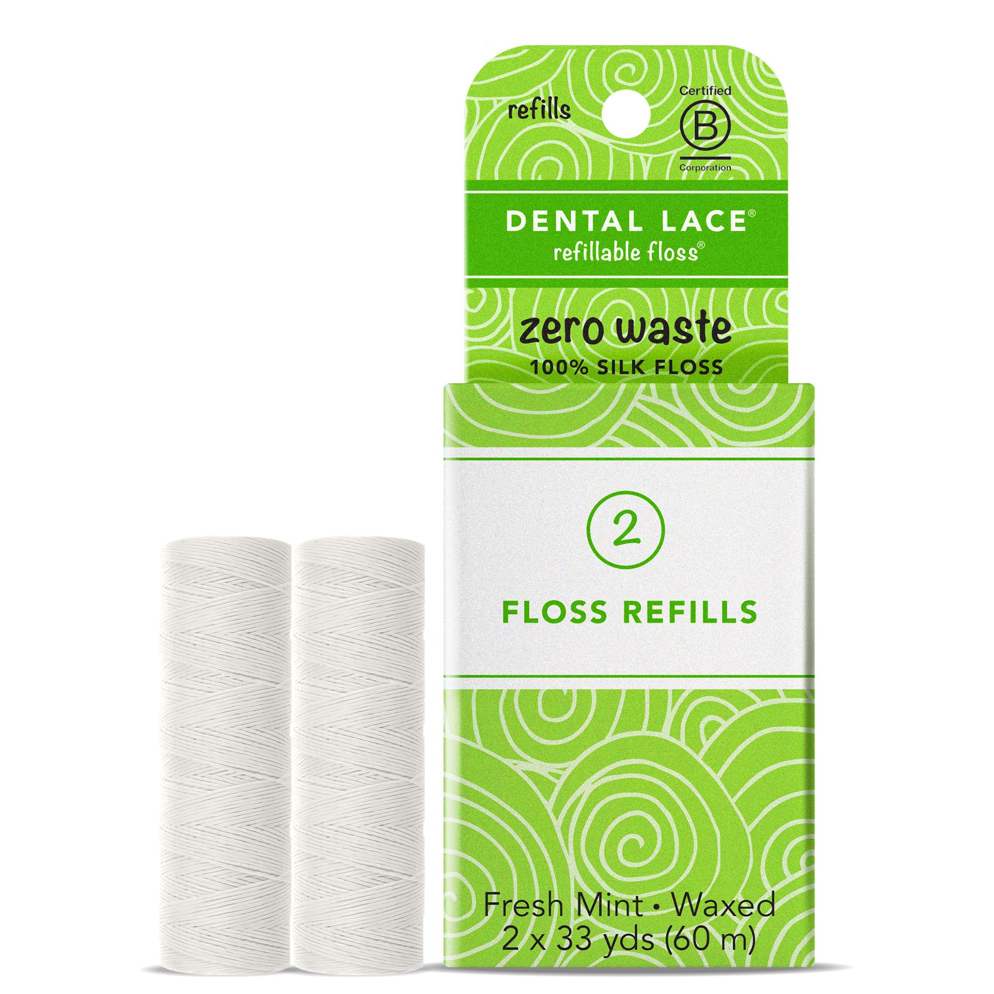 Refills - Dental Lace Refillable Silk Dental Floss – 100% Silk Floss with Mint Flavor, PFAS & PTFE Free – 2 Refill Spools (Total 66 Yards) – Recyclable Packaging