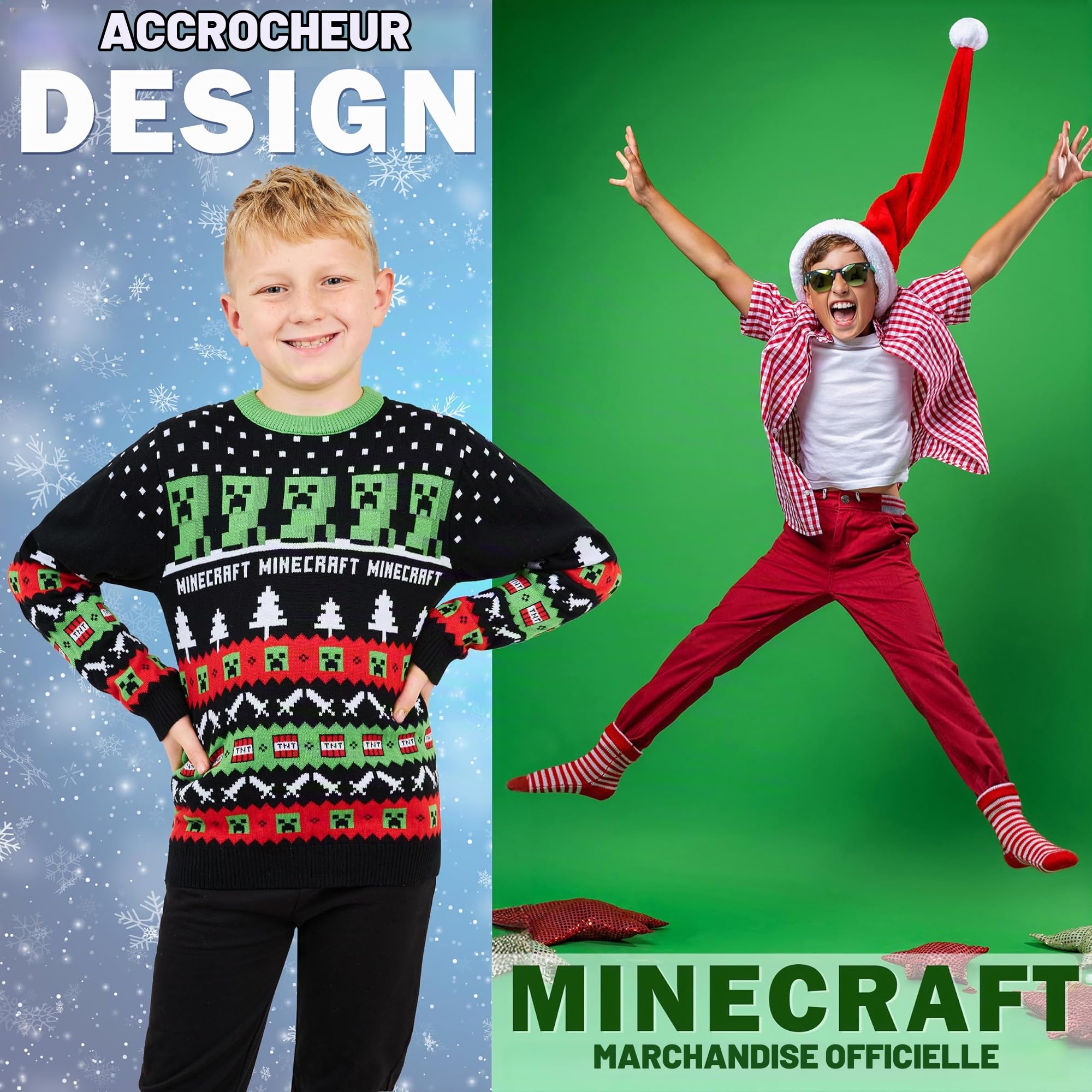 Minecraft Pull de Noel Garçon, Pull Chaud en Tricot pour Enfant et Ado - Idée Cadeau Gamer