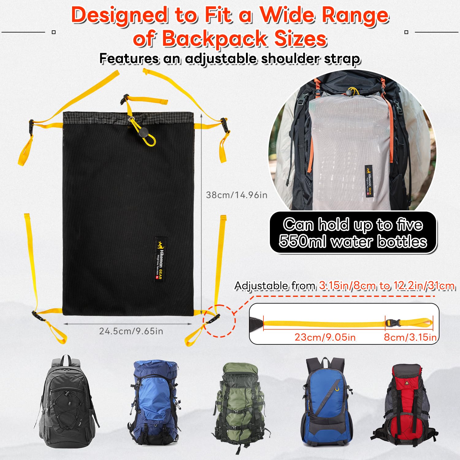 HIKEMAN Kängurutasche für Rucksack, leichte, atmungsaktive Vordertasche, elastische Netztasche, Platz für nasse Kleidung/Regenausrüstung