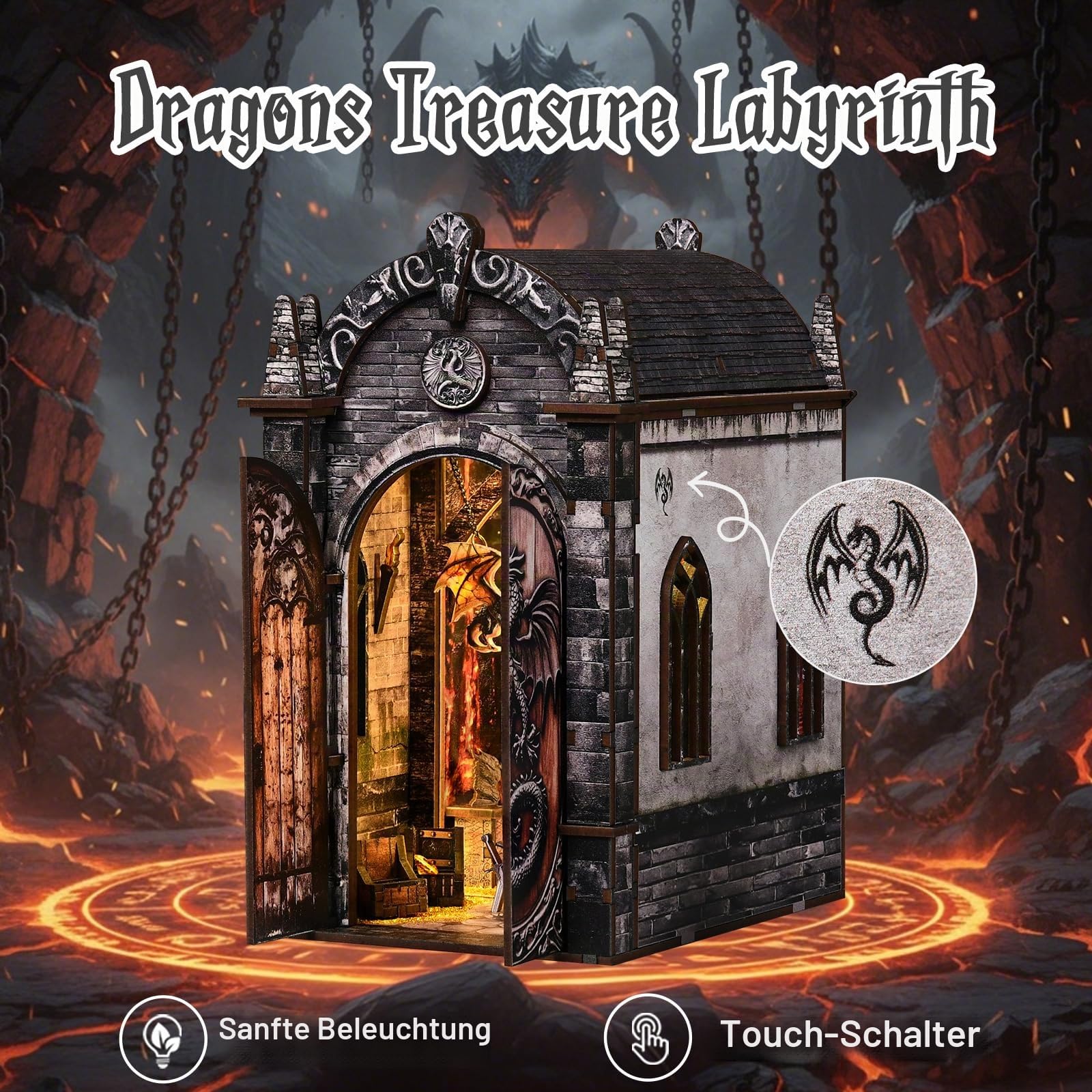 Book Nook Kit–Drachenschatz Labyrinth Modell, 3D Holzpuzzle zum Selberbauen mit LED-Beleuchtung, Bastelset für Bücherregal-Dekoration für Erwachsene und Jugendliche