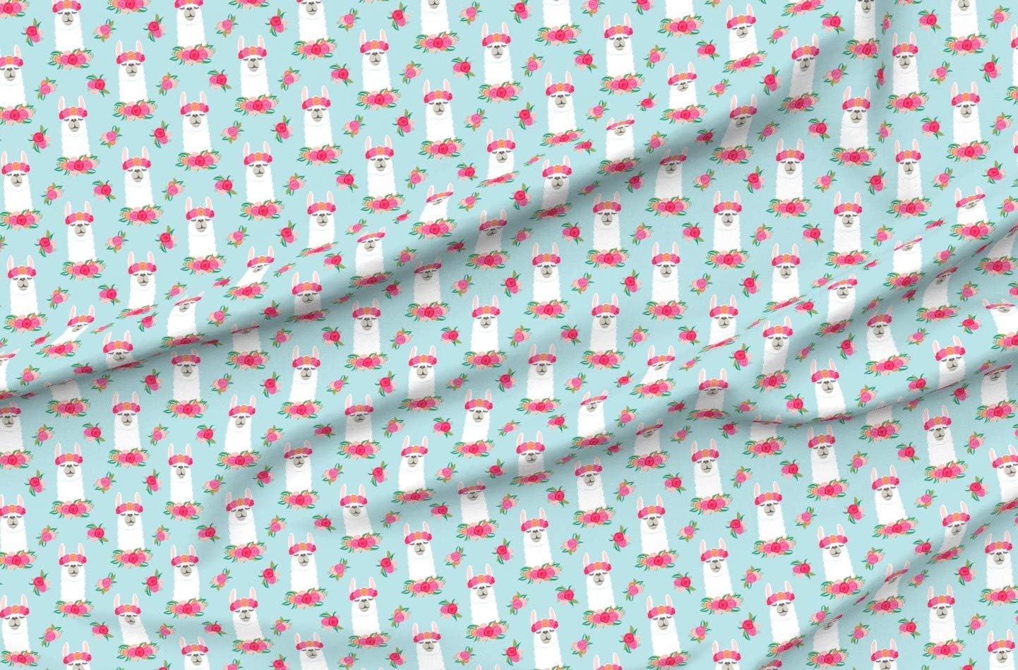 Spoonflower Fabric - Floral Llama Spring Colors Blue Flowers Cute Crown Llamas Pink Girls Printed on Minky Fabric by The Yard - Sewing Baby Blankets Quilt Backing Plush