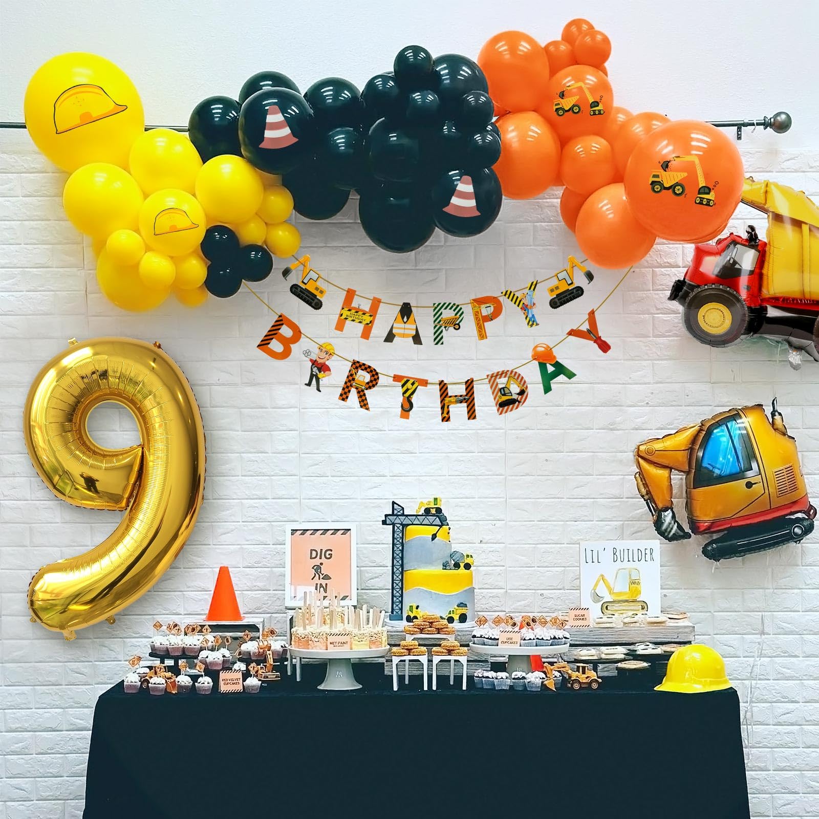 Decorazione Compleanno Escavatore 9 Anno, Ragazzo Bambini Palloncino Veicolo Cemento Camion Palloncini Oro Numero 9 Nero Giallo Arancione Palloncino Foil Buon Compleanno Banner Accessori Feste