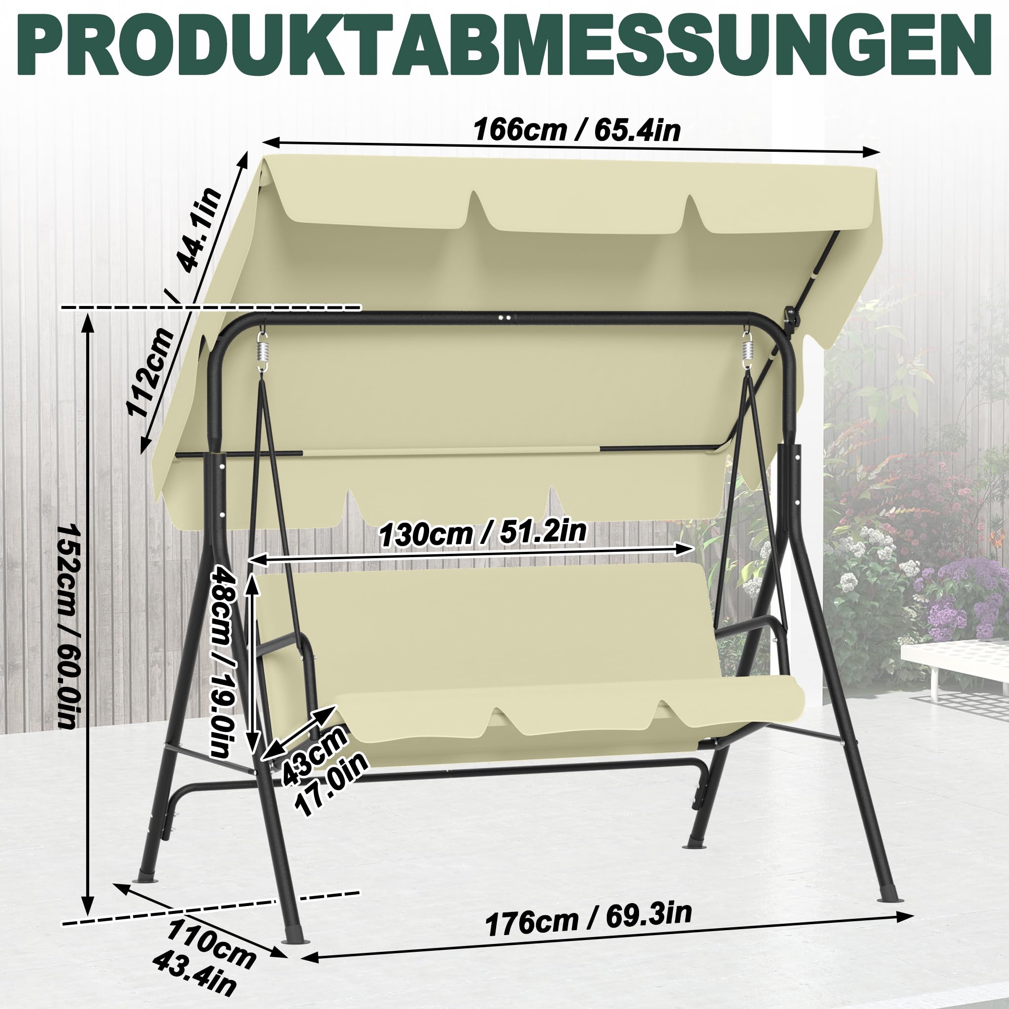 FIVMEN Balancín de jardín de 3 plazas con funda de techo ajustable, banco de jardín, columpio colgante, columpio para jardín, columpio colgante para jardín, soporta hasta 200 kg, 175,5 x 110 x 152 cm