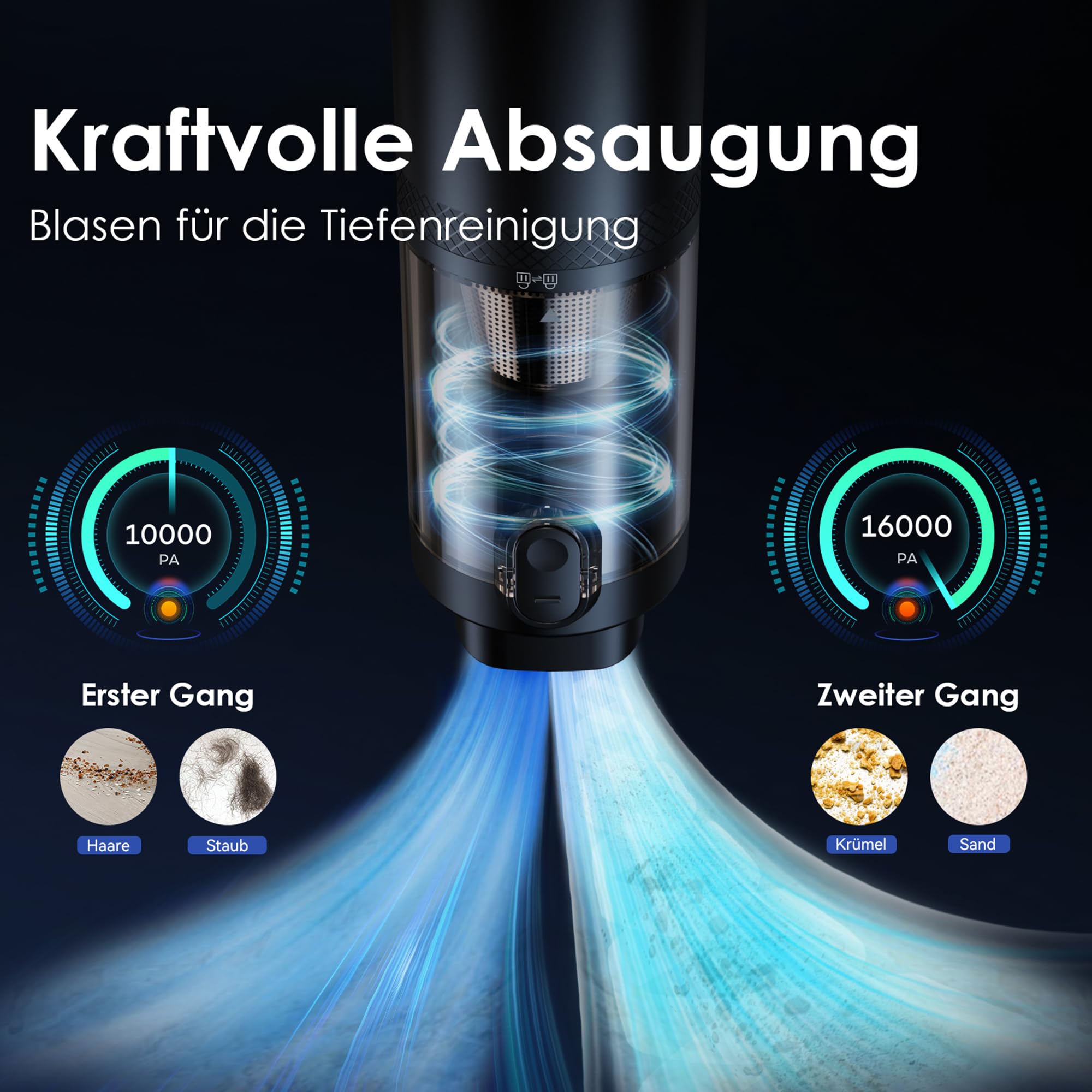 Handstaubsauger Akku – 16800 Pa Saugkraft, 3 Modi, 35 Min Laufzeit, Waschbarer HEPA-Filter, 12 Zubehörteile, LED-Licht
