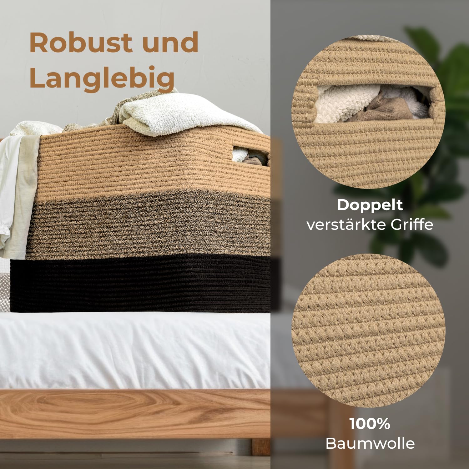 Cesto portaoggetti rettangolare per cameretta dei bambini intrecciato in cotone per riporre coperte, soggiorno, organizer per giocattoli con manici (giallo nero, 63 x 40 x 40 cm)