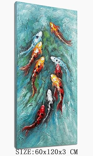 Miniatura 2 de zoinart Oil Painting on Canvas Vertical Wall Art 24x48 Inches 3D Nine Fishes Modern Style Abstract Wall Paintings Hand-Painted Fish Artwork Home