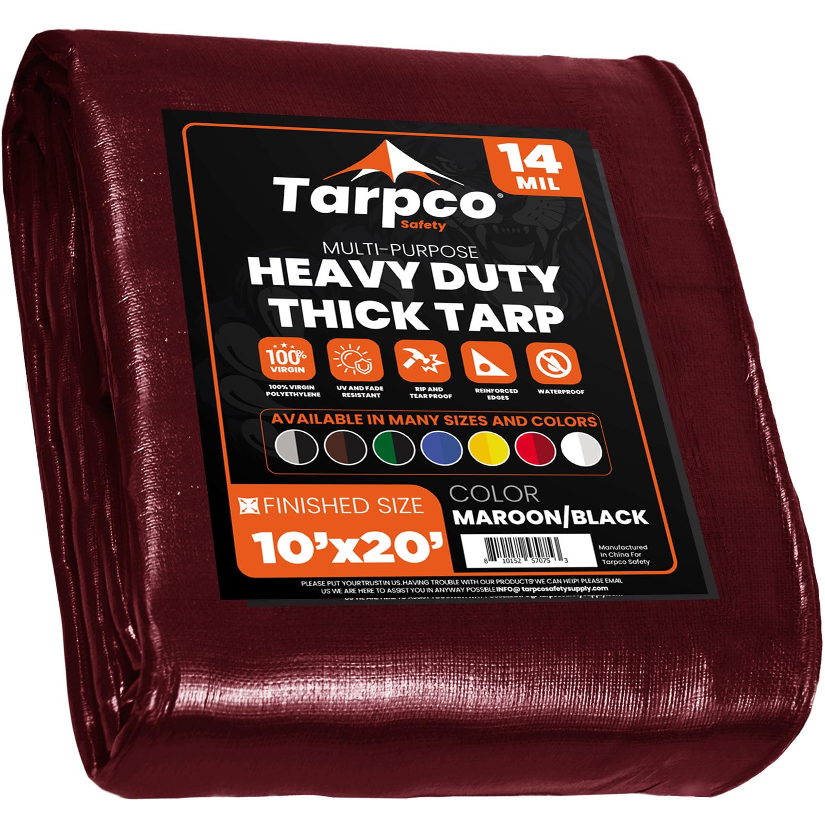 Extra Heavy Duty 14 Mil Tarp Cover, Waterproof, UV Resistant, Rip and Tear Proof, Poly Tarpaulin with Reinforced Edges for Roof, Camping, Patio, Pool, Boat (Maroon/Black 10′ X 20′)