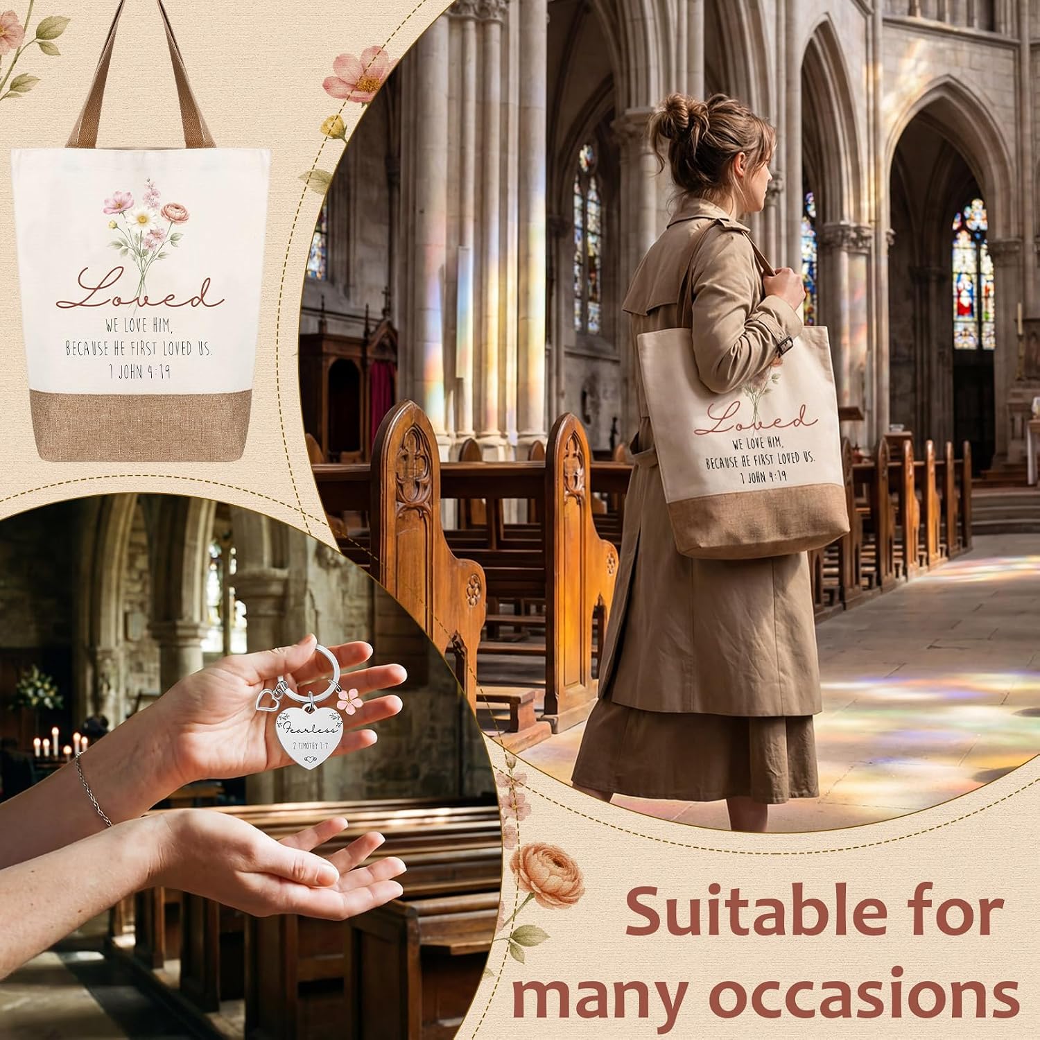 Motipuns 5 Pcs Christian Gift Religious Women Tote Bag Makeup Bag Notebook Keychain Ballpoint Pen Baptism Bible Verse Gifts