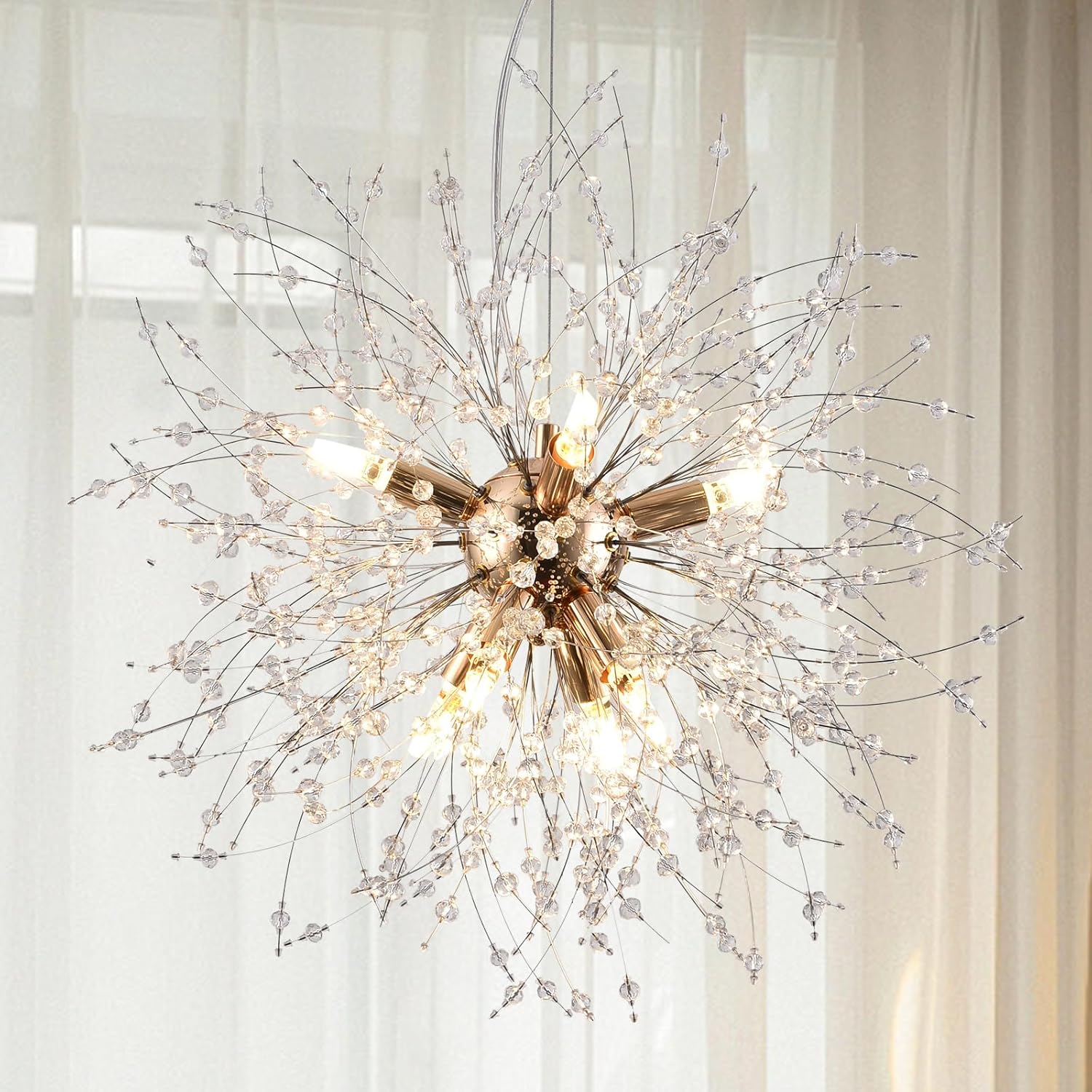 Small Crystal Chandelier, 8-Light Modern Sputnik Hanging Light Fixtures in Gold, Round Dandelion Pendant Lighting for Kitchen Island Bedroom Bathroom Entryway Dining Room (Gold, D15.7inch)