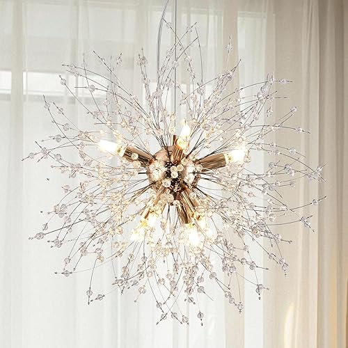 Miniatura 8 de Sputnik - Candelabros de cristal dorado de 9 luces, moderna luz colgante de diente de león, lámpara redonda pequeña, luces colgantes con cuentas