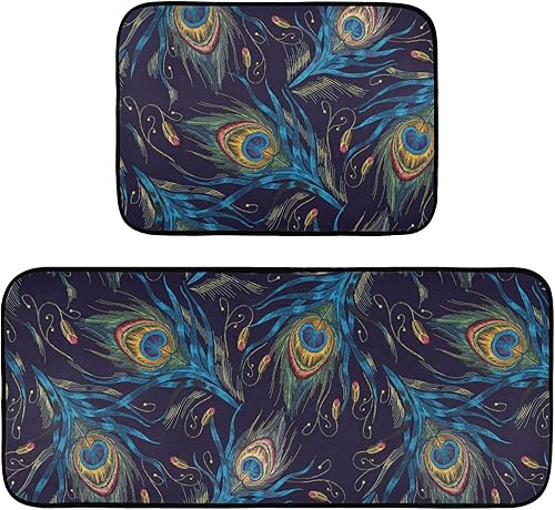 Emelivor Juego de 2 tapetes de cocina de pavo real de moda, antifatiga, antideslizantes, acolchados, de espuma resistente, tapetes y tapetes cómodos
