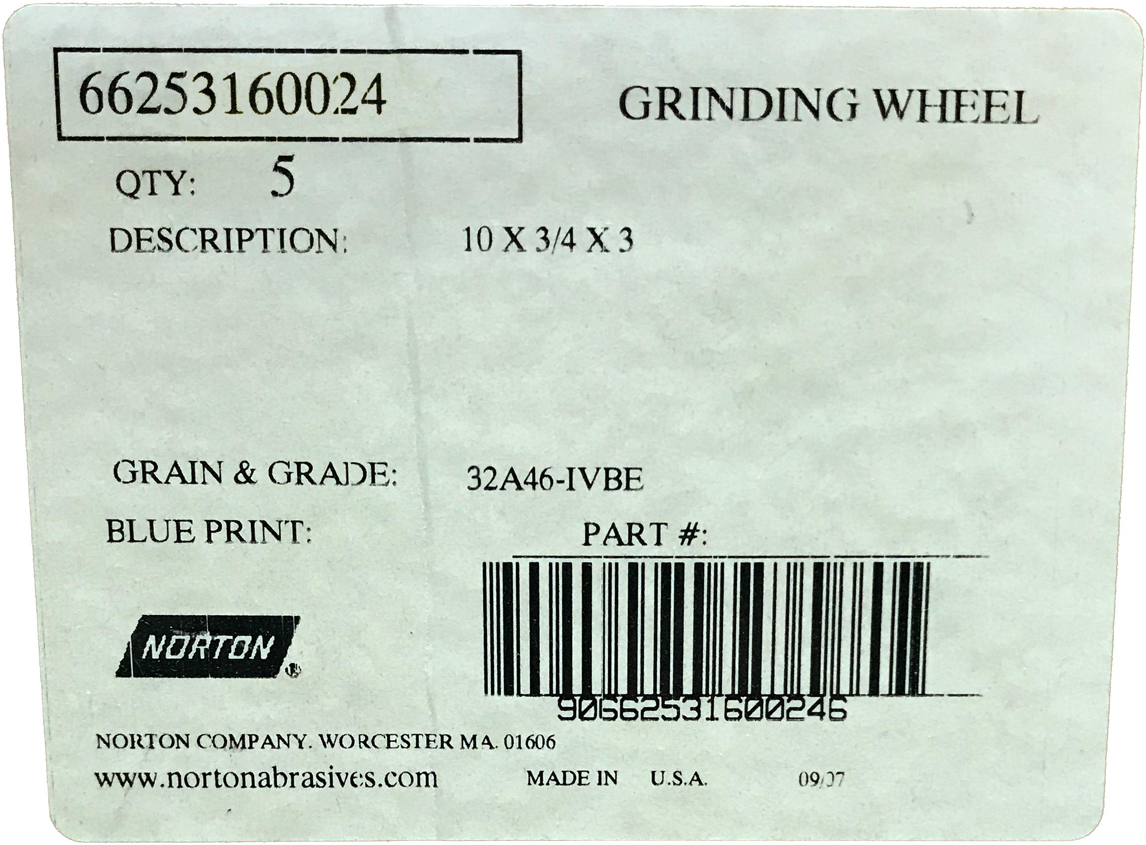Norton 10 Inch Diameter Type T-1 Vitrified Straight Grinding Wheel, 3 Inch Arbor, 3/4 Inch Thick, I Hardness, 46 Grit, 32A Grain Structure