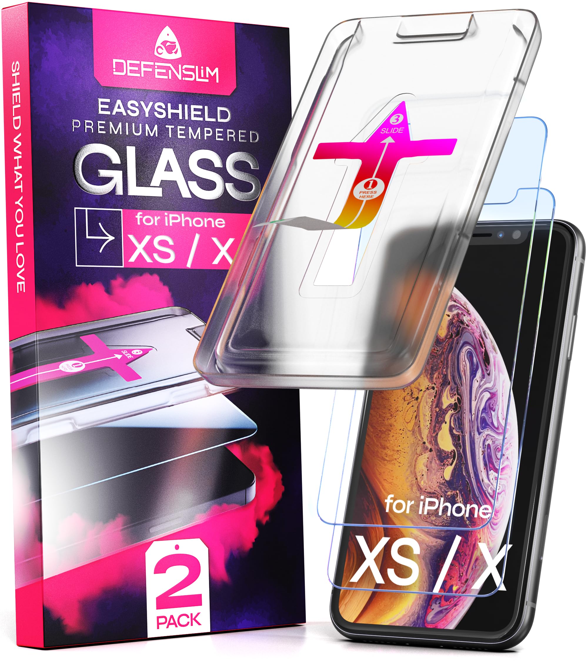 Defenslim Screen Protector for iPhone XS (2Pack), Easy Auto-Align Install Kit, 5.8" Tempered Glass, 9H Hardness, Ultra HD Clear, Case Friendly, EasyShield