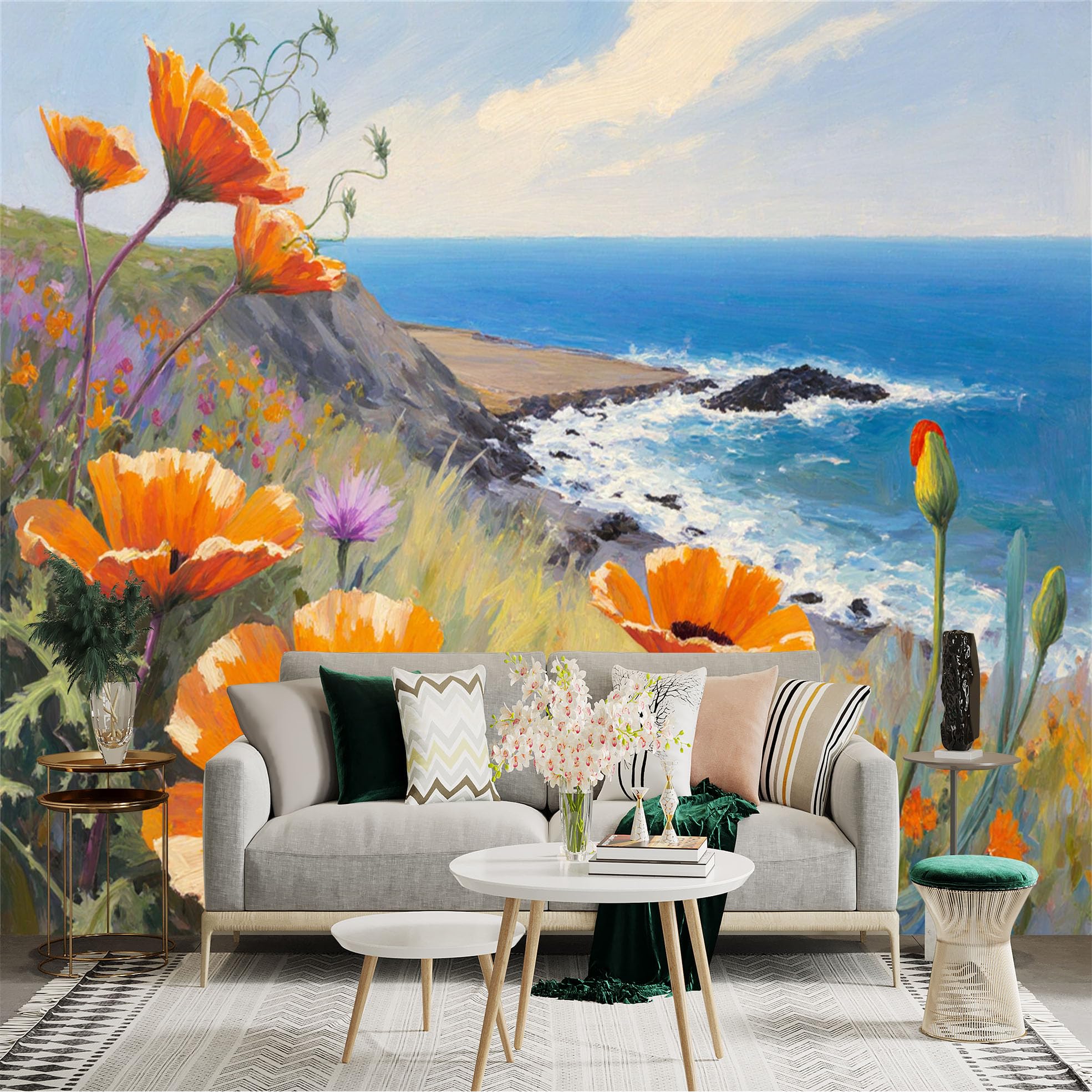 Lnzczhyre Xc260505607 Custom Size Wall Sticker Mural， Orange Wildflowers On Coastal Cliff， Scenic Ocean View， Artistic Landscape Painting， For Wall Decoration， Peelandstick Wall Decals.