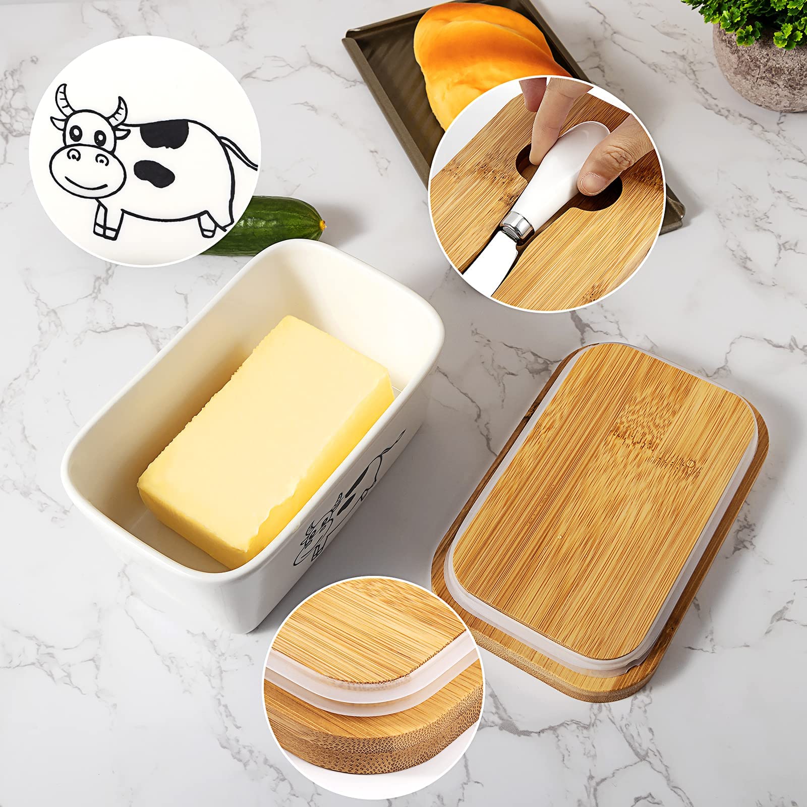 Beurrier En Porcelaine TWBEST Avec Couvercle Bambou - 16.5x10x7.5cm - Inclut Couteau Et Éponge - Multiusage