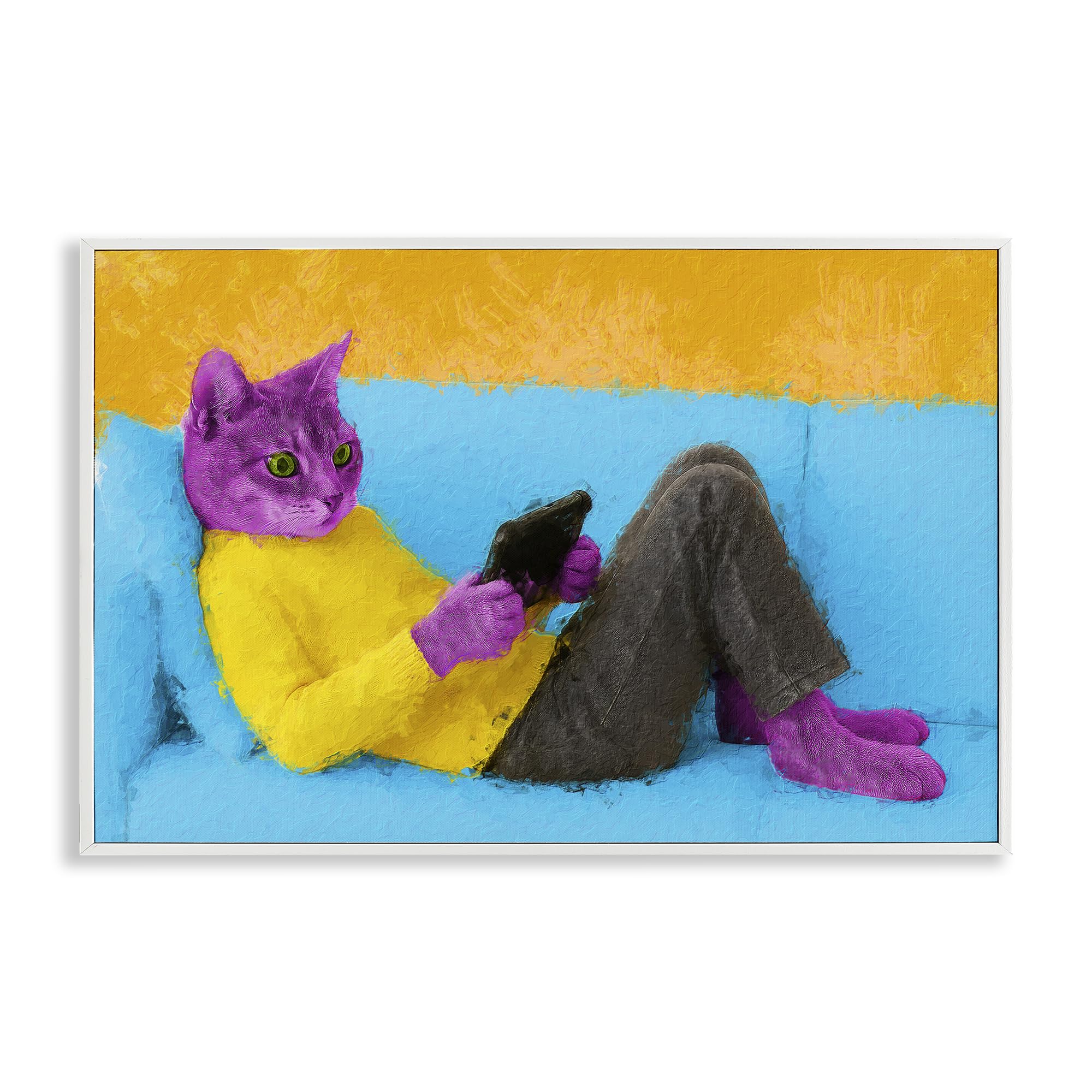 Stupell Industries Coastal White (Textured) 'Vibrant Cat Playing Game'| Framed Giclee Art
