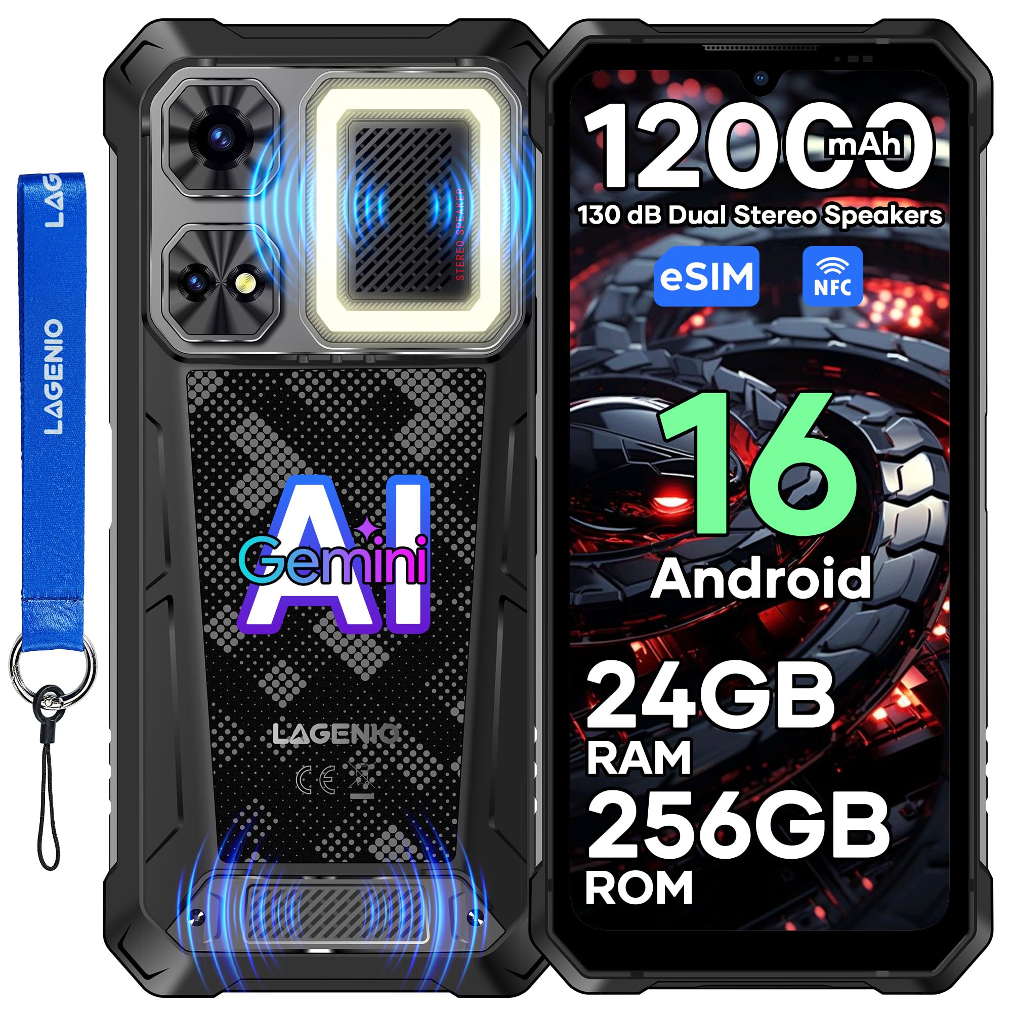 LAGENIO Rhino 1 Pro Telefono Indistruttibile 2026 Andriod 16-24GB+256GB/1TB Rugged Smartphone 12000mAh/33W, 130 dB di Altoparlanti Dual-Stereo con Luce da Campo, 64MP+8MP, 120Hz 6.9", OTG/eSIM/NFC