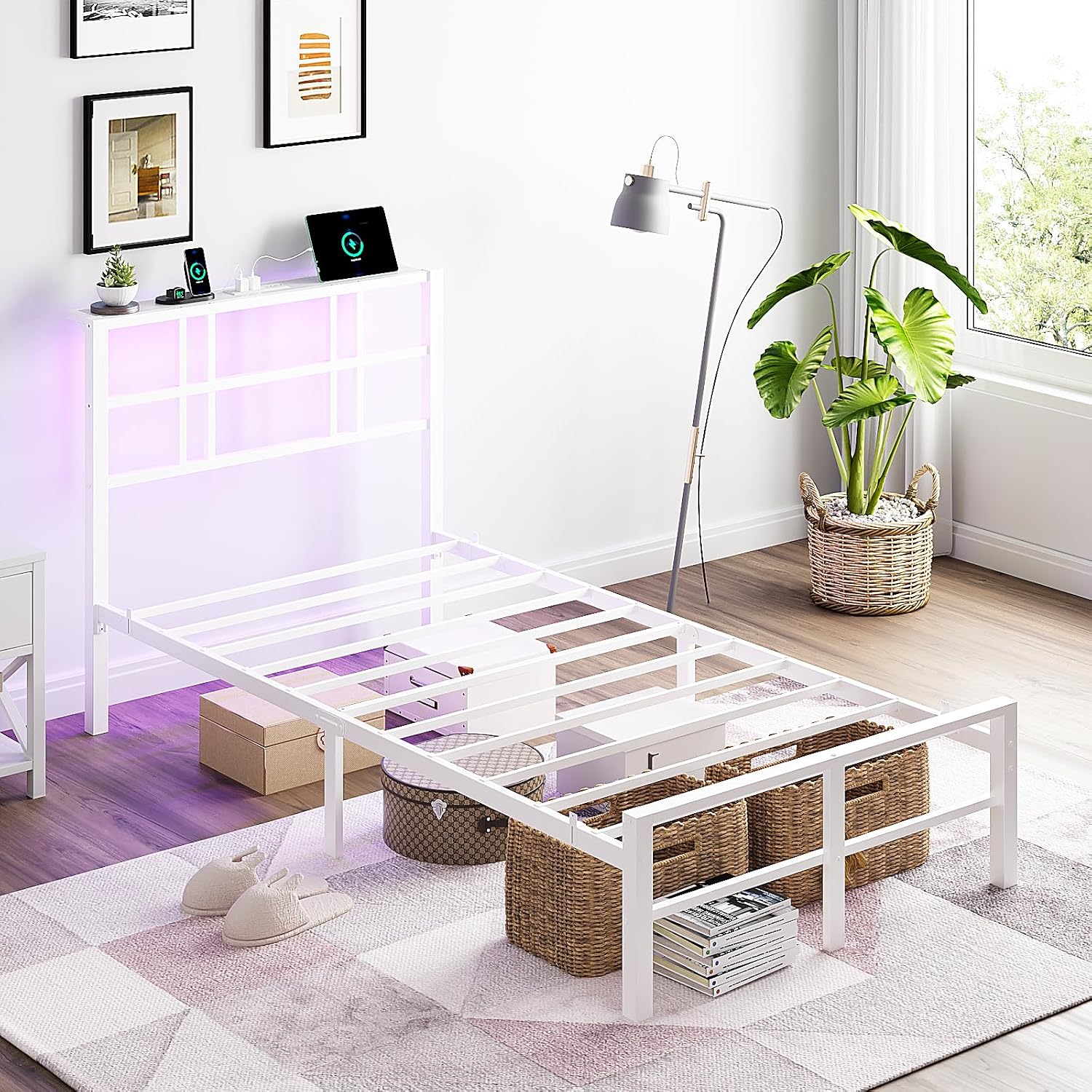 VINGLI Twin Metal Bed Frame with LED Lights and Charging Station, Storage Headboard with 2-Tier Shelves, Heavy Duty Platform Bed, Noise Free, No Box Spring Needed, White