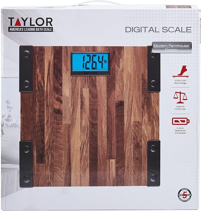 Báscula de Baño Digital Taylor 440 lb, Pantalla LCD Azul, Diseño Rústico Madera miniatura 3