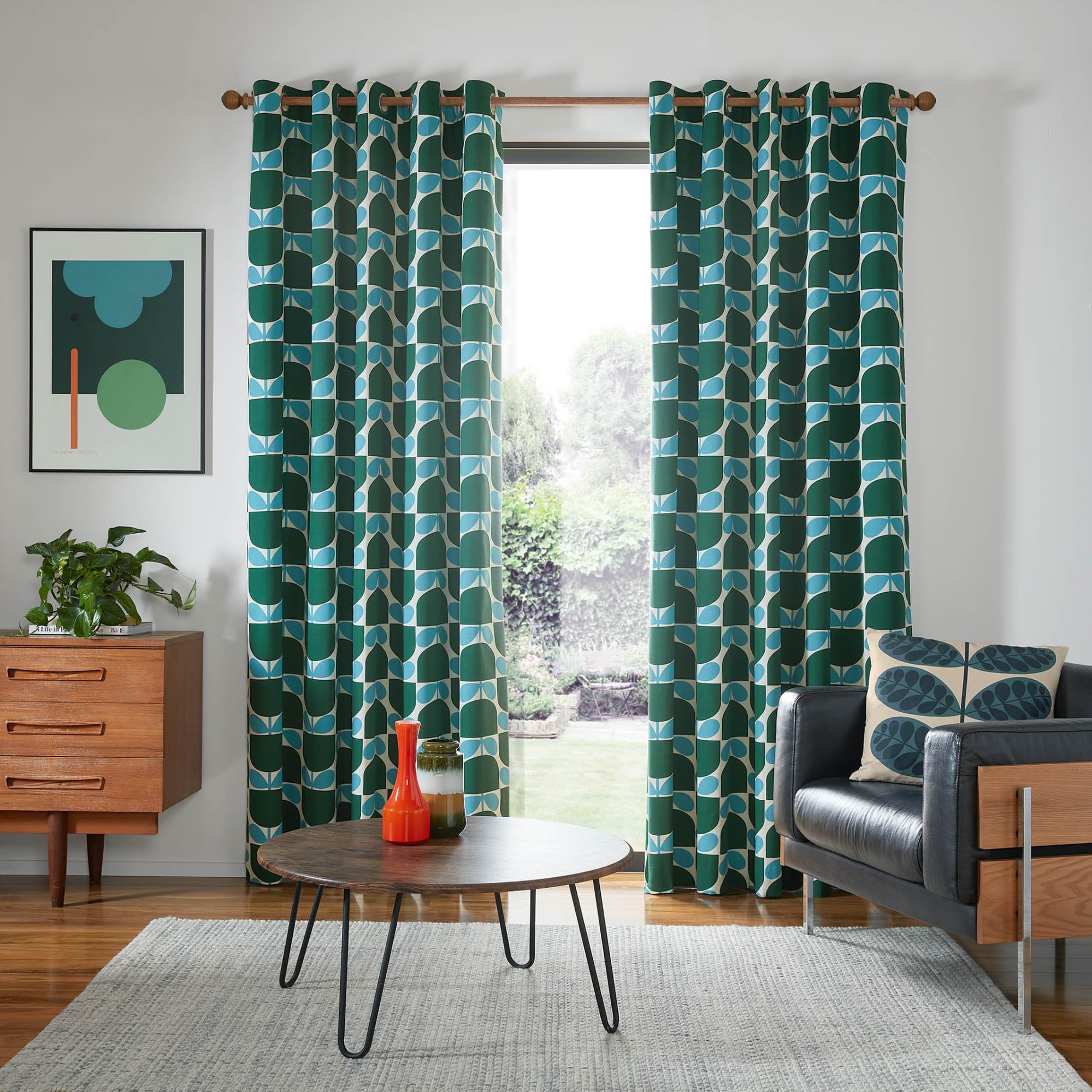 Orla Kiely Curtains Block Stem Jade Lined Eyelet Curtains