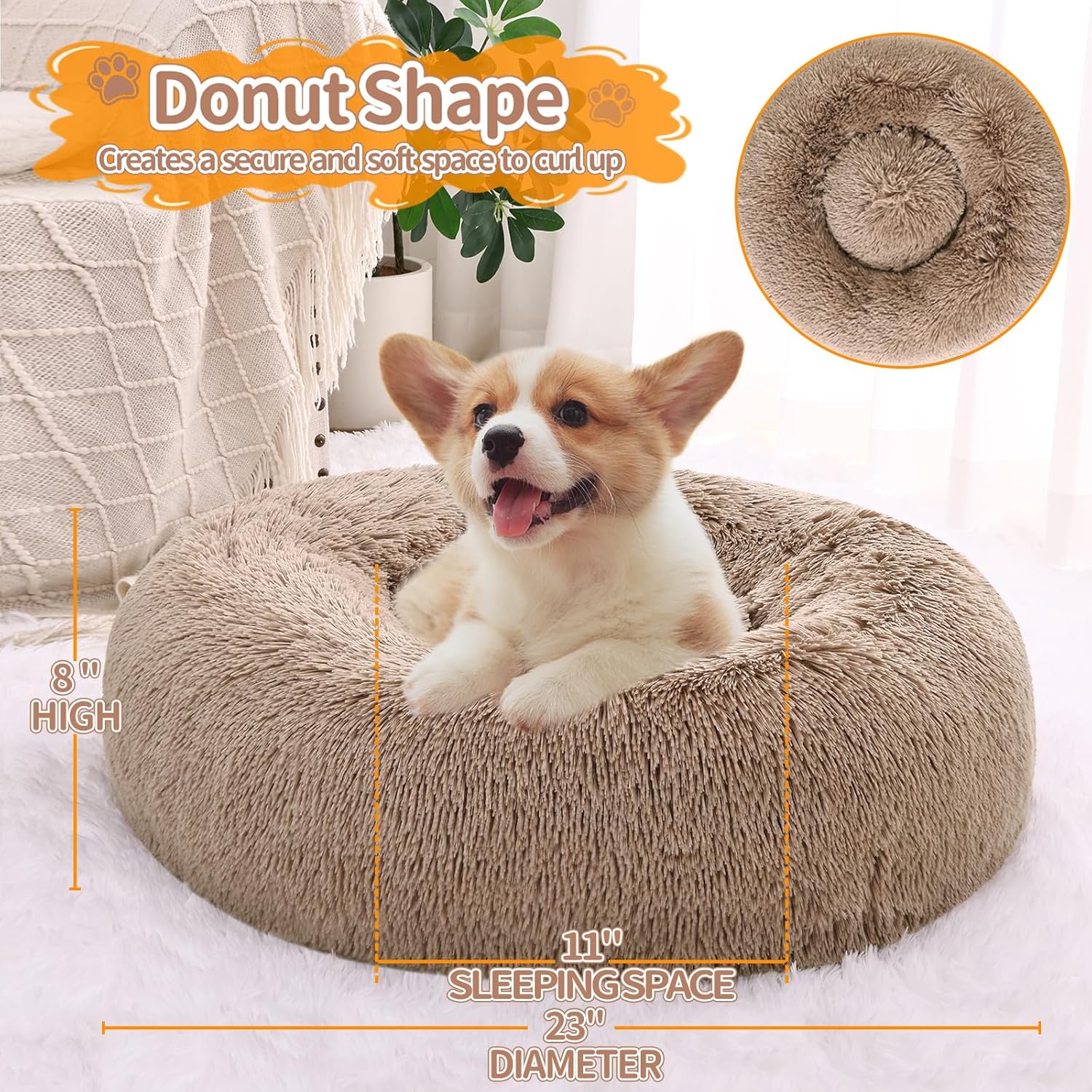 Smiry Calming Soft Dog & Cat Bed, Faux Fur Pet Bed Self-Warming Donut Cuddler, Washable Round Fluffy Pet Bed for Small Medium Dogs and Cats, 23x23x8 Inch, Camel