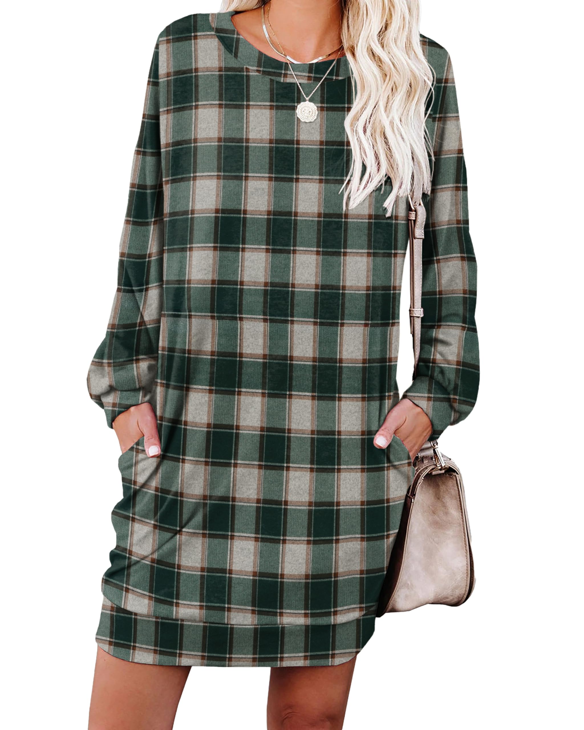 PrinStory Women's Casual Sweater Dresses Fall Winter Crewneck Loose Fit Pullover Tunic Dress with Side Pockets for Work S-4XL Large A40-gn Brown Wh Plaid