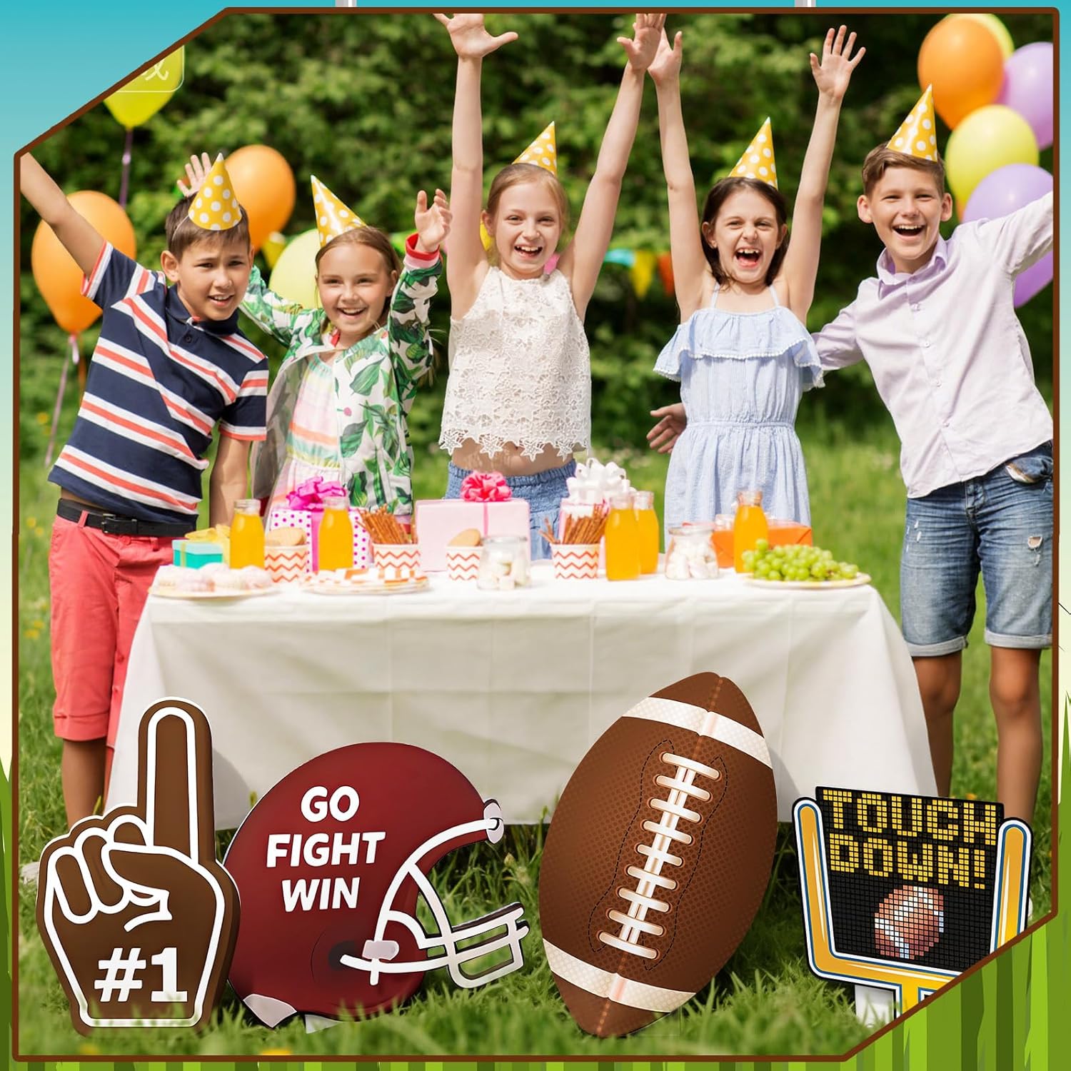 Amyhill 4 Pcs Large Football Cardboard Cutout Stand up Life Size Sports Football Party Decorations 3D Rugby Game Day Photo Props Backdrops for Sport Event Birthday Party Supply