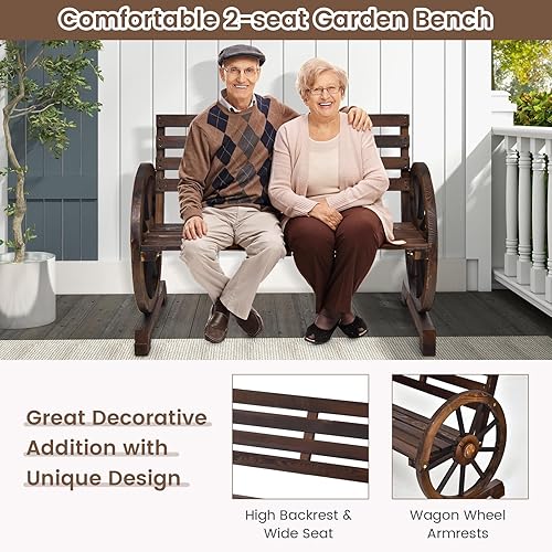 Miniatura 4 de Giantex Banco para exteriores con asiento de listones, respaldo, reposabrazos para patio trasero, estilo retro rústico para 2 personas, banco de