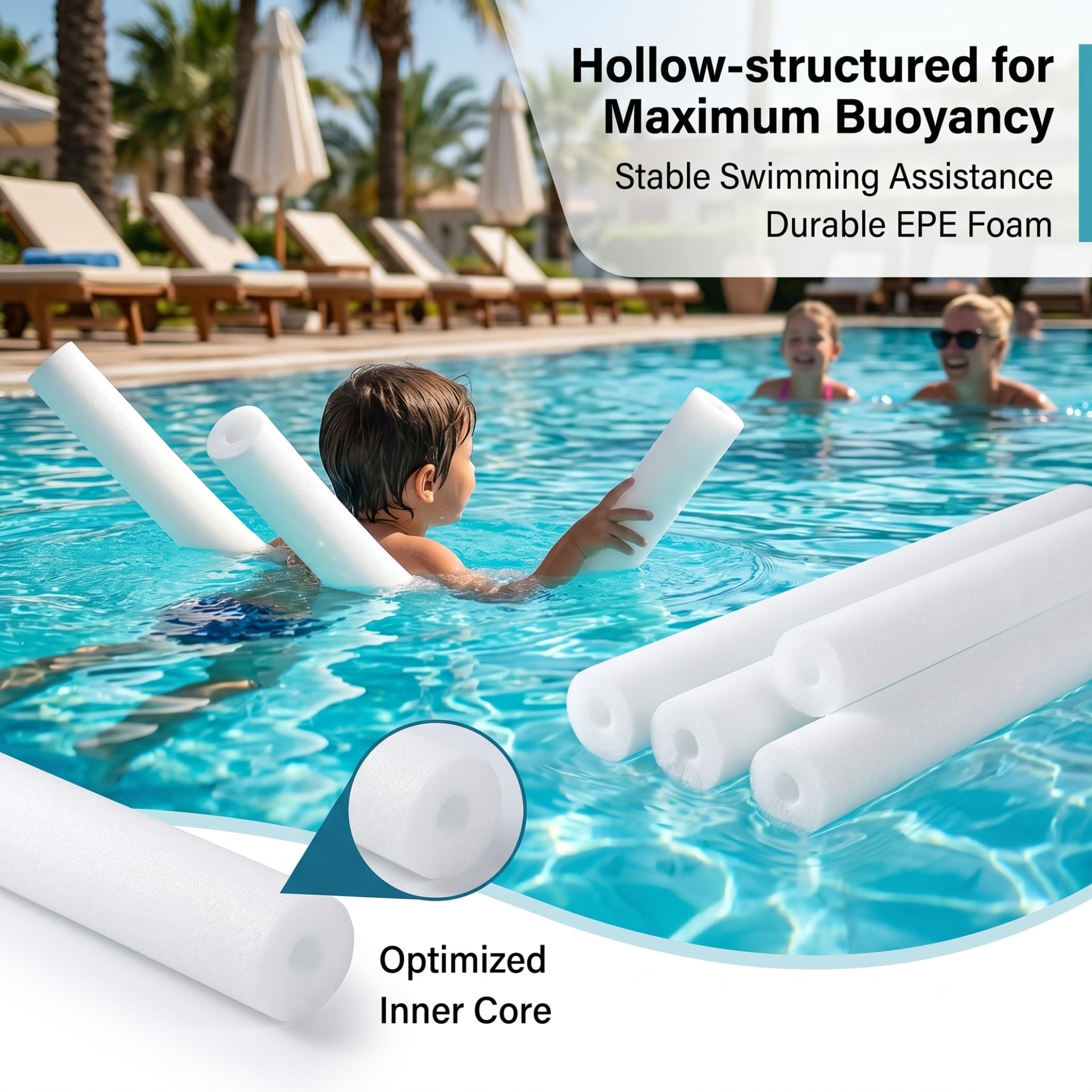 Jumbo Pool Noodle 5 Piezas Claro Blanco 59 Pulgadas | Construcción hueca liviana, segura para niños, para diversión en la piscina de verano