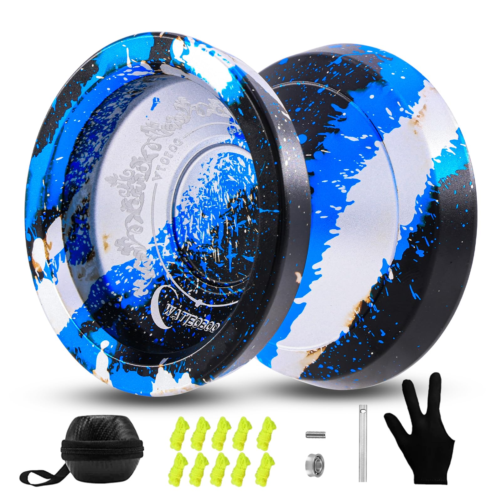WATIEOBOO yoyo Professional Unresponsive Yoyo for Adults & Responsive Yoyo for Kids 8-12 - Metal Trick Yo-Yo with 10 Ball Bearings, 10 Strings, Case & Gloves |Competition Ready(Black Blue Silver)