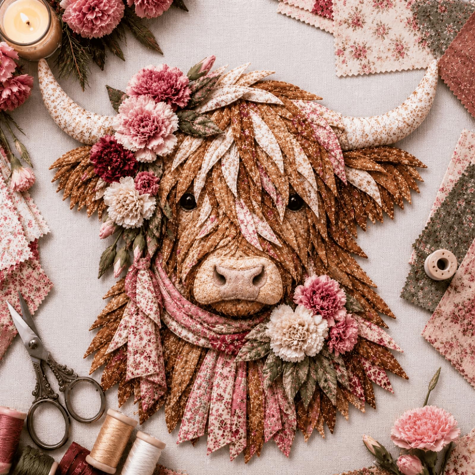 Birth Flower Highland Cow 3D Layered Fabric Art DIY Kit for Adults (U1PC) — image 1