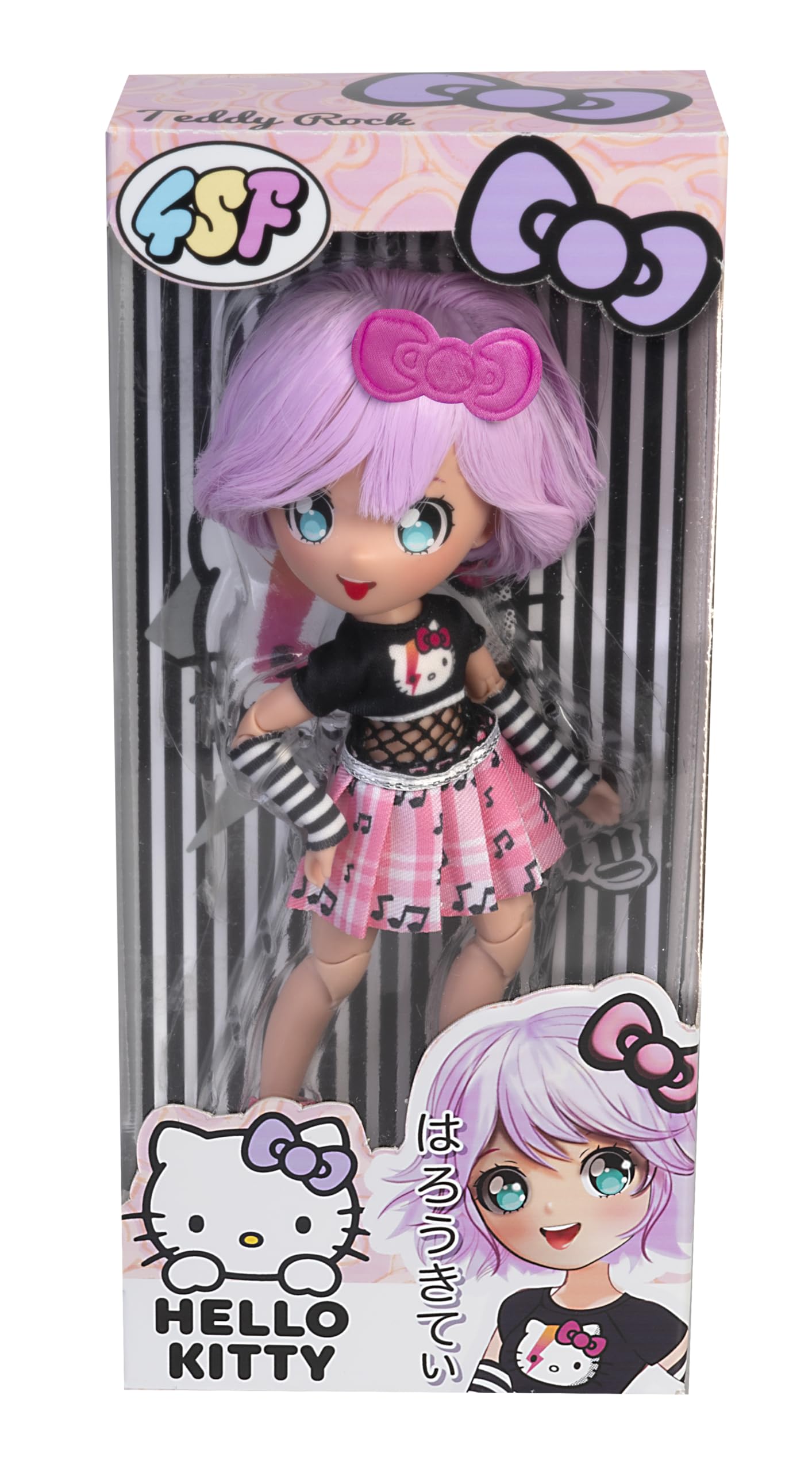 Hello Kitty Manga Doll Teddy Rock, Japanese Fashion Doll with Fashion Looks Manga, 19.5cm Figure with 15 Points of Articulation, Purple Hair, Accessories Included, Famous (HKTF0100) - Image 4